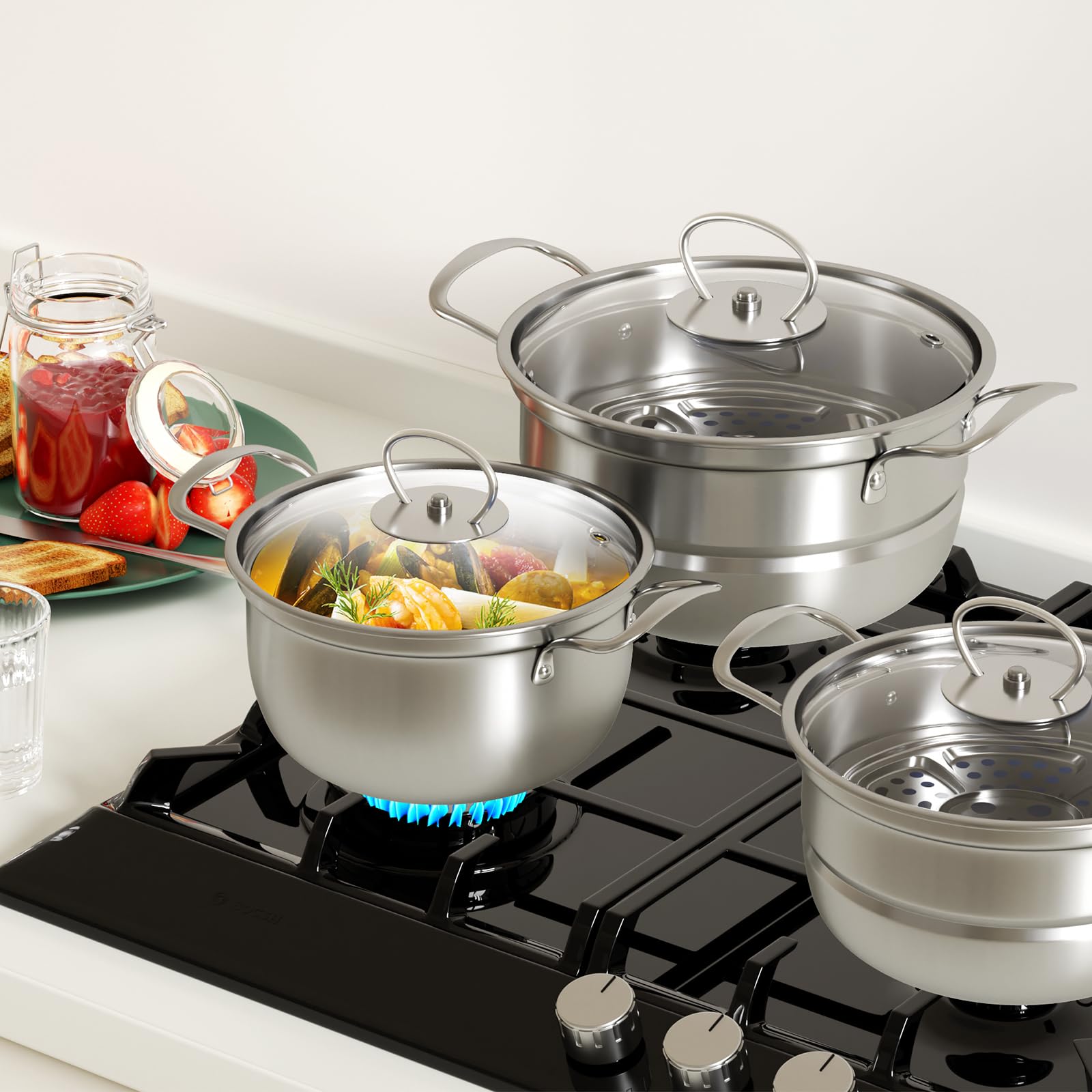 Edelstahl Saucepan Set, 12-teilige Töpfe Set mit Dampfer und Löffel, großes Kochgeschirr, Induktionskochtopf Set, Töpfe Set