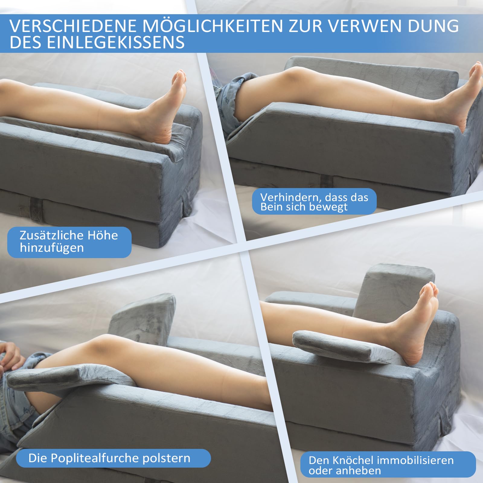 Höhenverstellbare Venenkissen Beinhochlagerungskissen Einsatz Post-Op./Verletz./Ruhe, Beinkissen aus Memoryschaum mit 3 Griffen und Einsetzbarem Polstereinsatz, Waschb. Samtbez