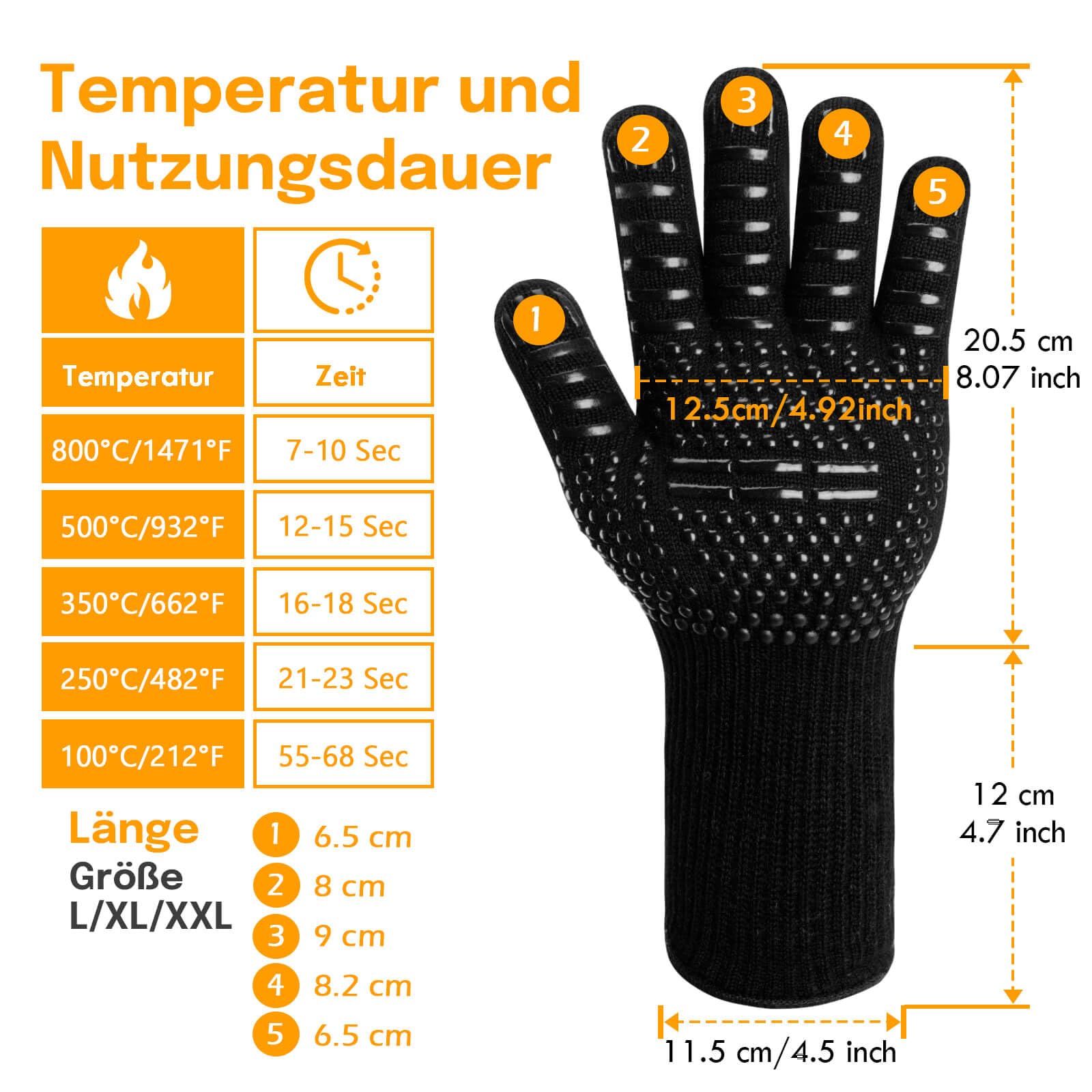 Reinalin Grillhandschuhe Hitzebeständig bis 800°C, Ofenhandschuhe Topfhandschuhe Feuerfeste Handschuhe BBQ Handschuhe Kochhandschuhe Backhandschuhe Backofenhandschuhe (L/XL/XXL, Schwarz)