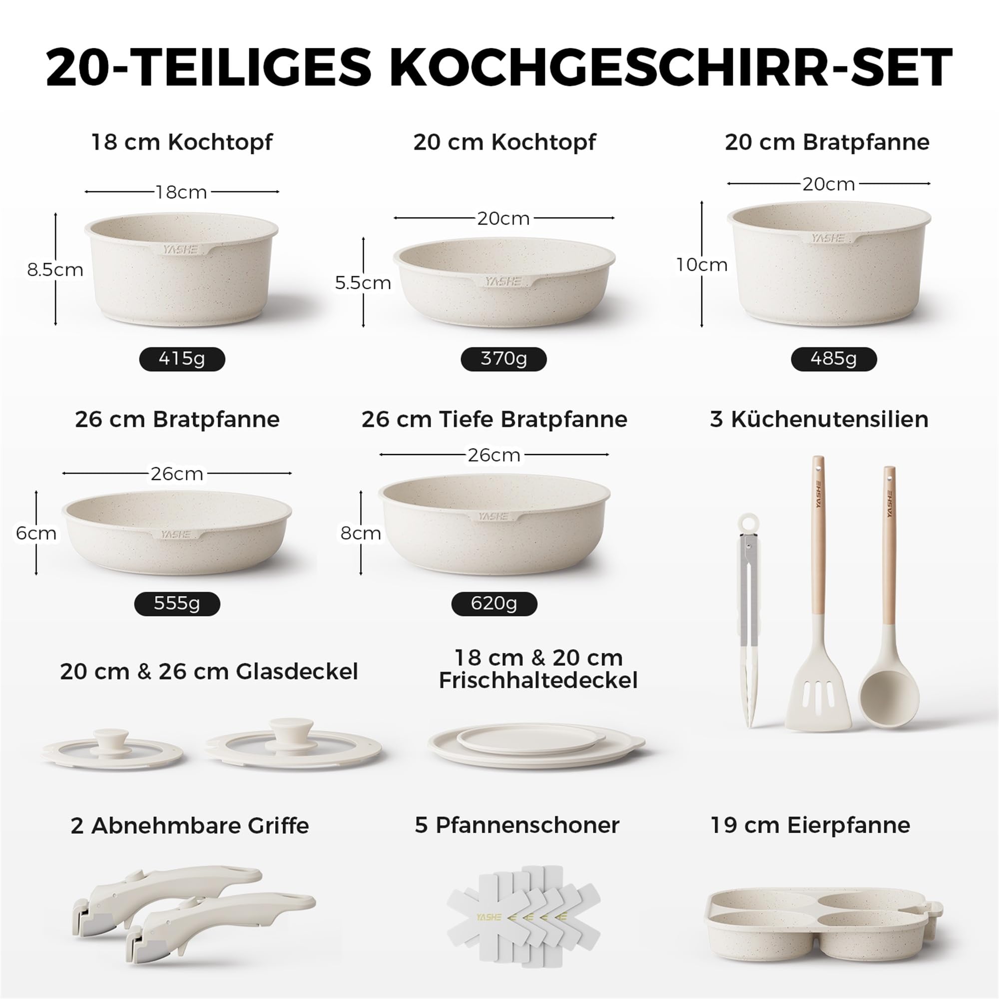 20er Set Kochtopf mit Anti-Haft-Beschichtung, abnehmbare Griffe, geeignet für Induktionskocher, Ofen bis 230 °C, Geschirrspüler sicher / NEU & OVP!