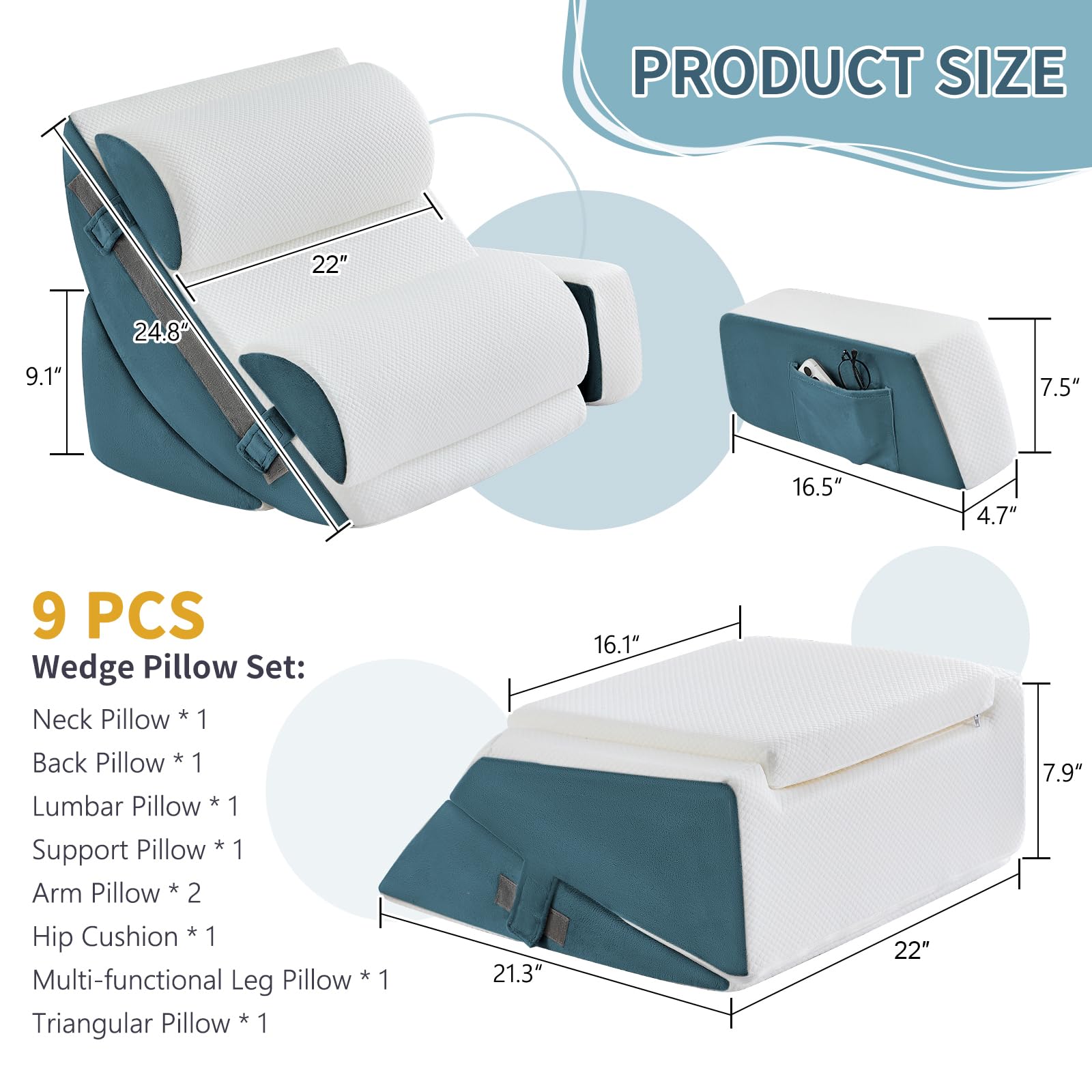 9PCS Orthopädische Bett Keil Kissen Set,Post Chirurgie Schaum Kissen für Körper, Rücken und Beine Schmerzlinderung,Justierbare Stützkissen mit Säure Reflux Bed Wedge Memory Foam Durchgehend dunkelgrau