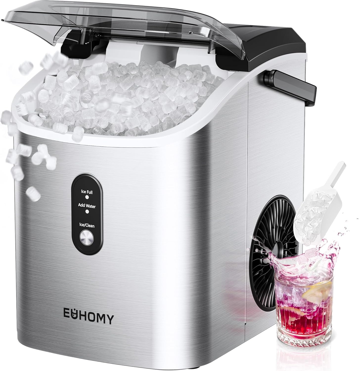 Eiswürfelmaschine Klein, 9 Eiswürfel in 6 Minuten, 12 kg/24H, Eiswürfelmaschine Edelstahl mit Tragbarem Griff, Selbstreinigender Kompakter Eiswürfelmaschinen für Zuhause/Küche/Büro/Bar