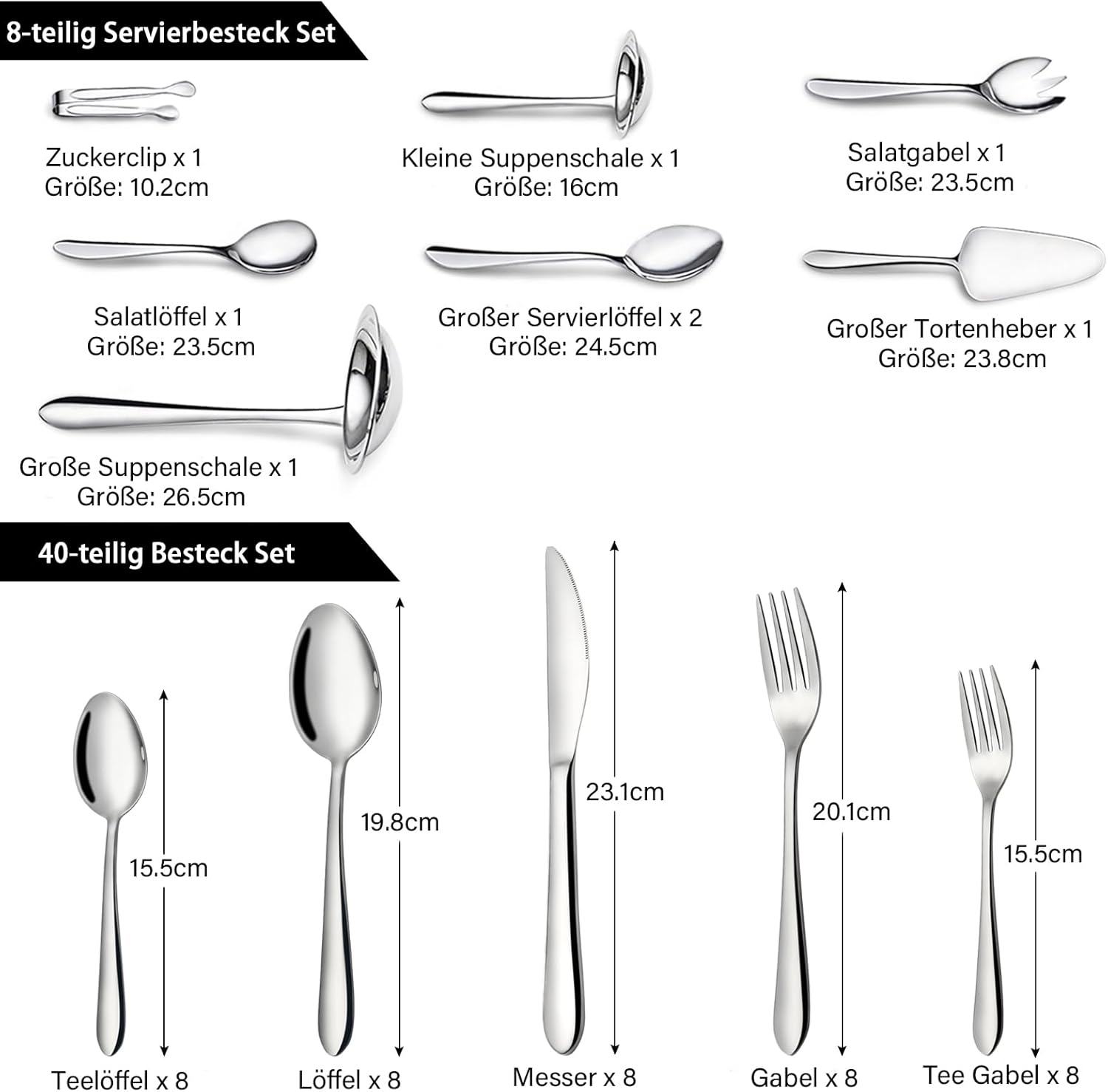 48-teiliges Besteckset, Edelstahl Besteckset für 8 Personen mit Besteck-Servierset 10-teilig bestehend aus Messer, Gabel, Löffel, Besteckheber, Edelstahl poliert, glänzend, Spülmaschine