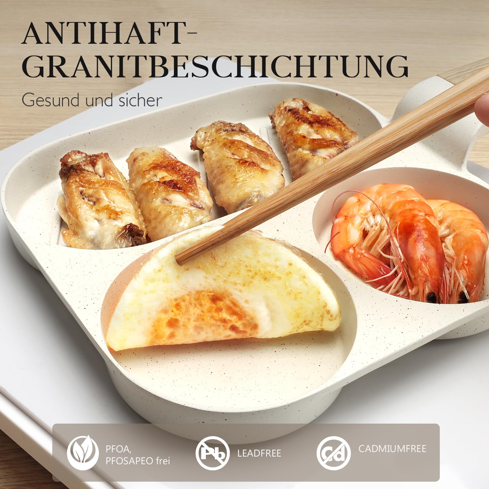 Spiegeleipfanne, 3-Loch Omlettenpfanne, Granit-Antihaftbeschichtung, PFOS/PFOA-Frei Eierpfanne für Gebratenes Frühstück/Eier/Wurst/Speck, Weiß