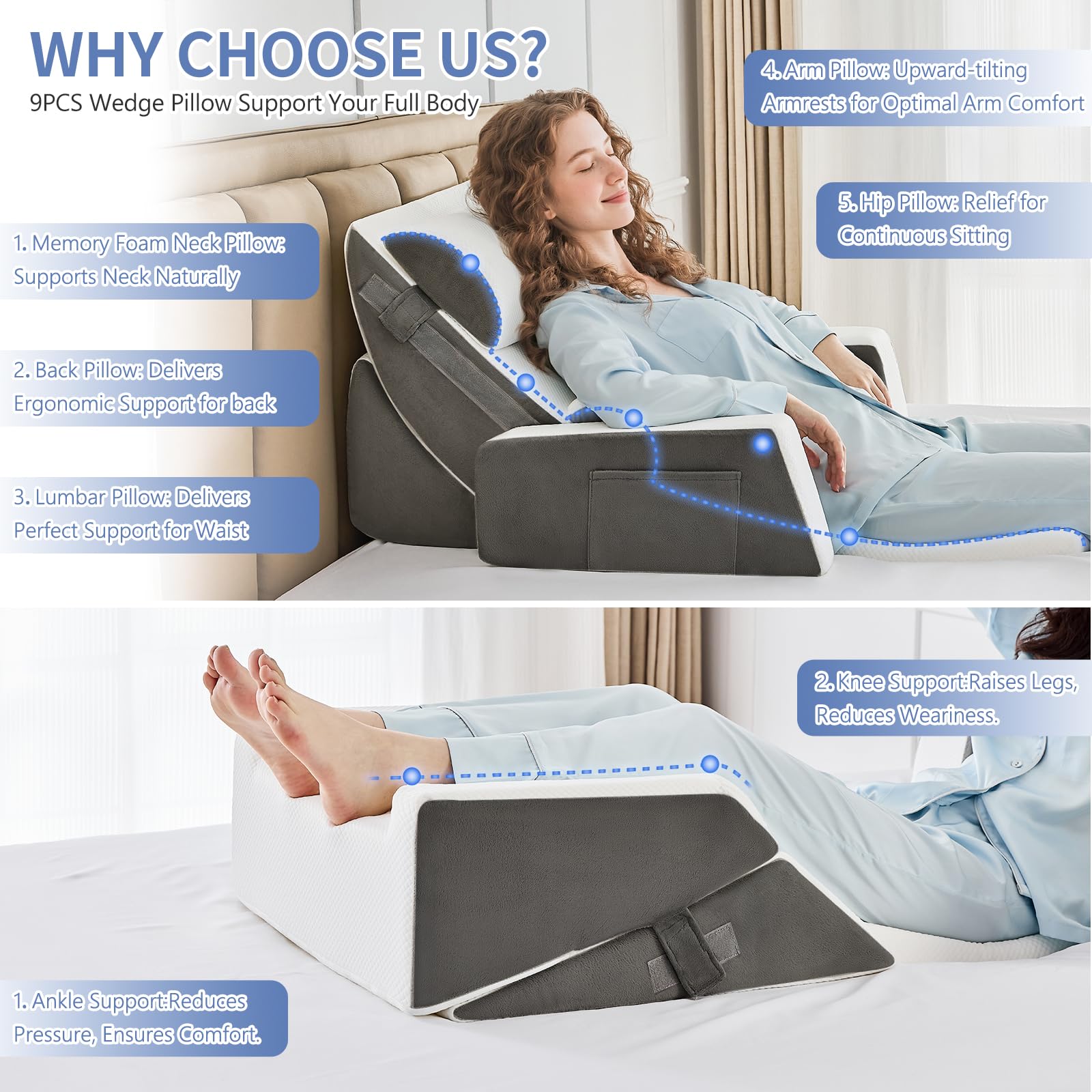 9PCS Orthopädische Bett Keil Kissen Set,Post Chirurgie Schaum Kissen für Körper, Rücken und Beine Schmerzlinderung,Justierbare Stützkissen mit Säure Reflux Bed Wedge Memory Foam Durchgehend dunkelgrau