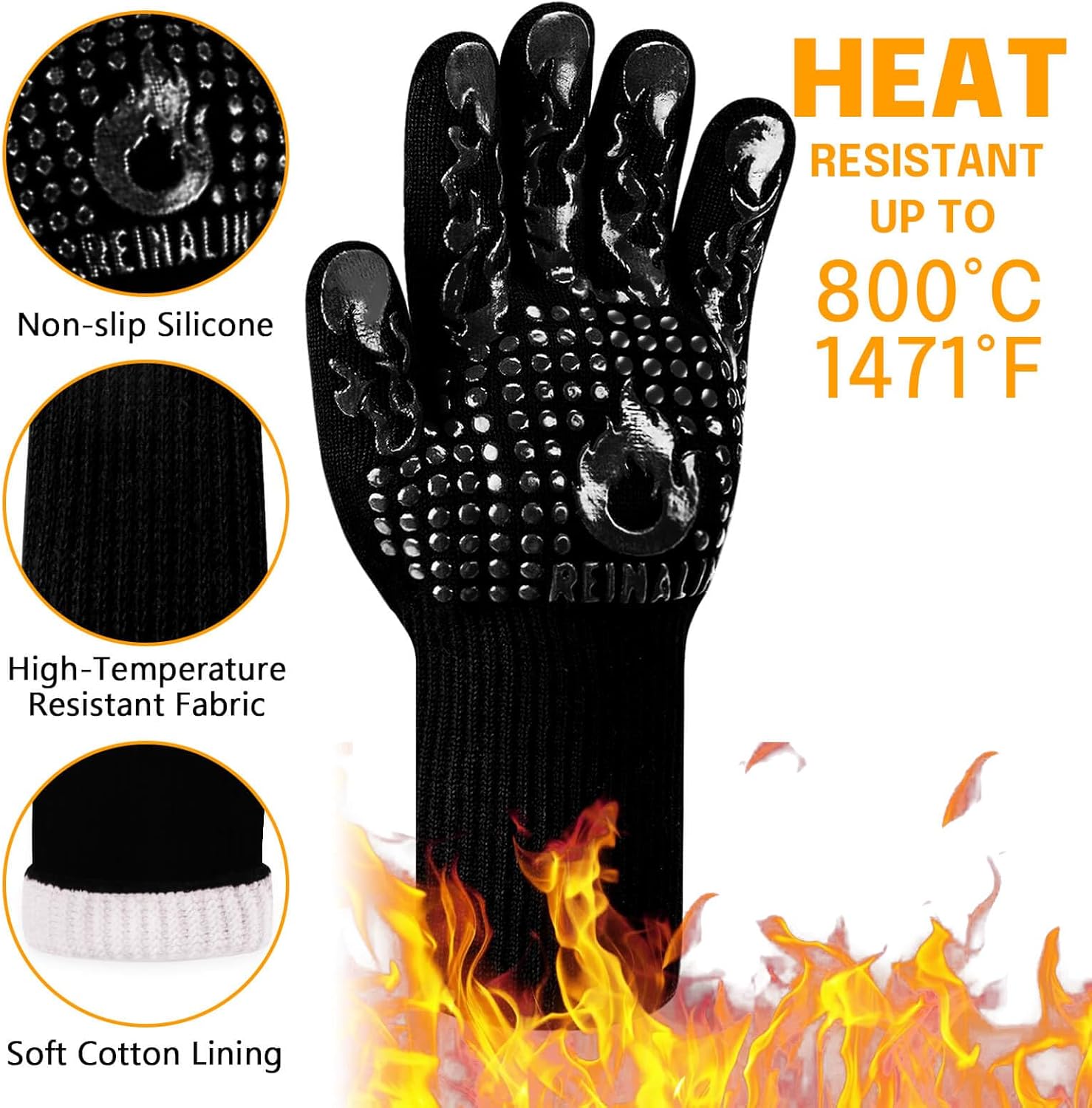 Gants de cuisine Reinalin, résistants à la chaleur jusqu'à 800 °C, gants de four, maniques, gants ignifugés, gants de barbecue, gants de cuisine, gants de pâtisserie (L/XL/XXL, noir)