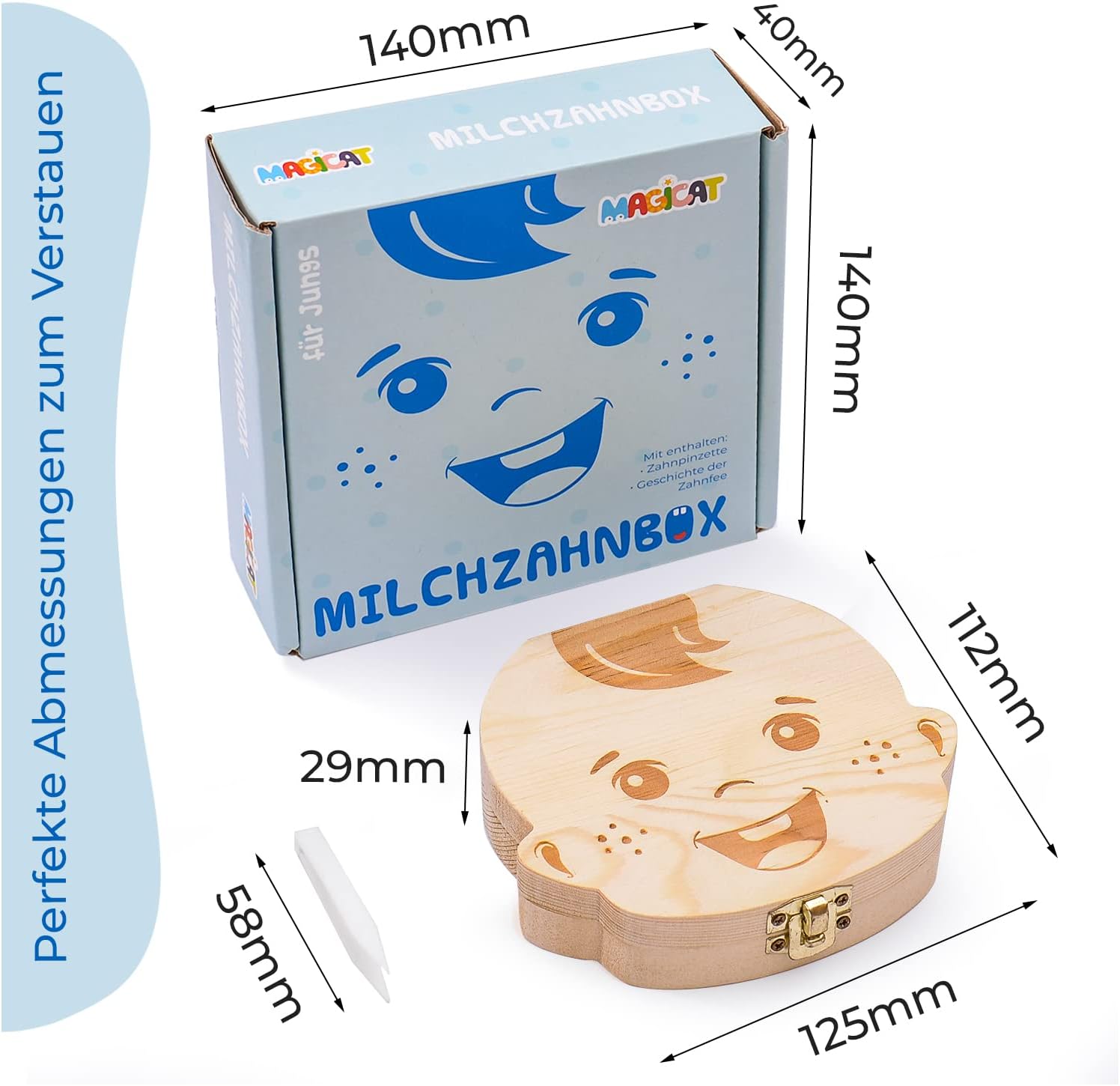 Milchzahndose Jungen, Zahndose aus Holz, Dose zur Aufbewahrung von Milchzähnen, Baby Milchzähne Box als Geschenk zum Geburtstag oder Taufe, inkl. Pinzette und Zahnfee Geschichte