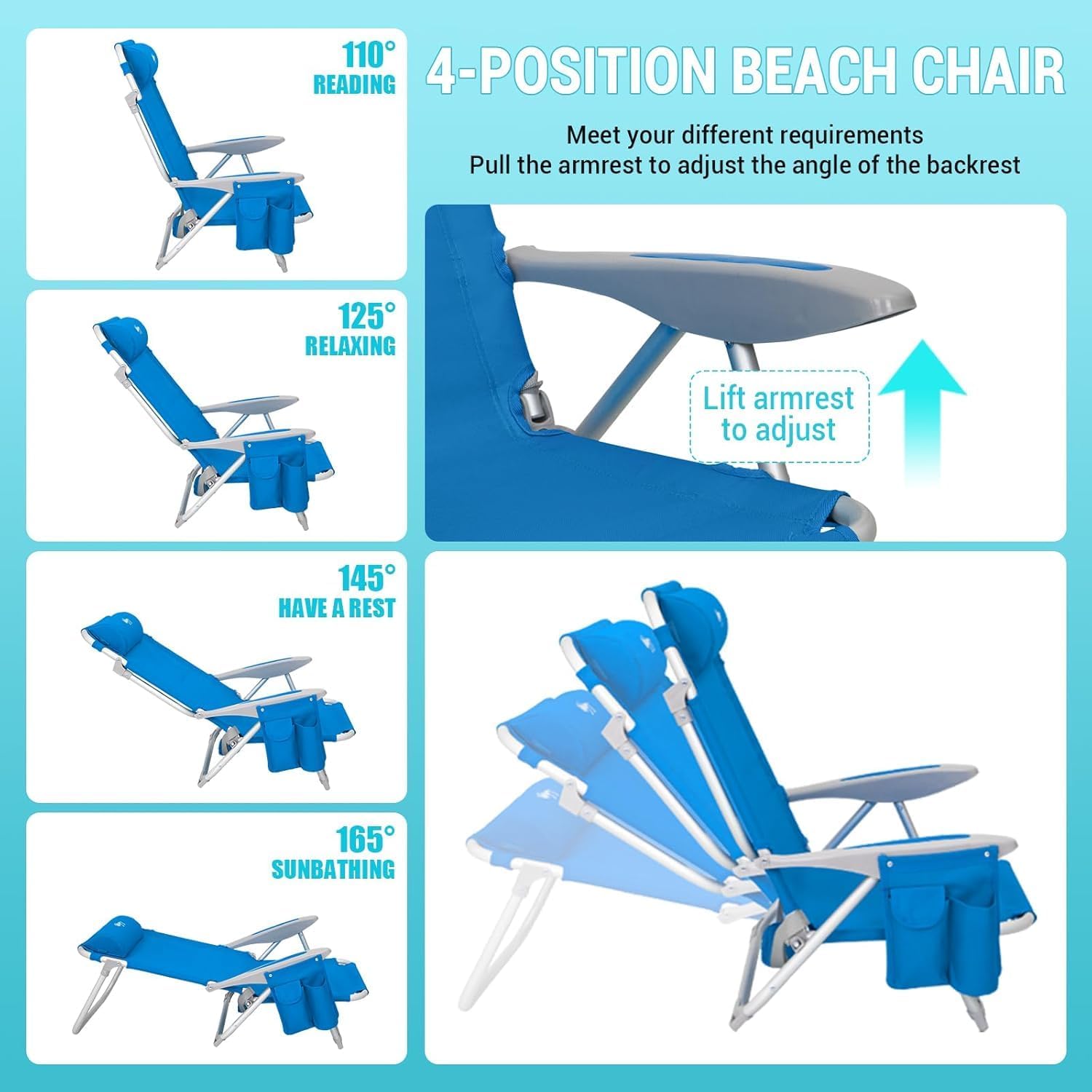 Strandstuhl klappbar Alu Hochlehner Klappstuhl 4 Position Leicht tragbar stabiler Campingstuhl