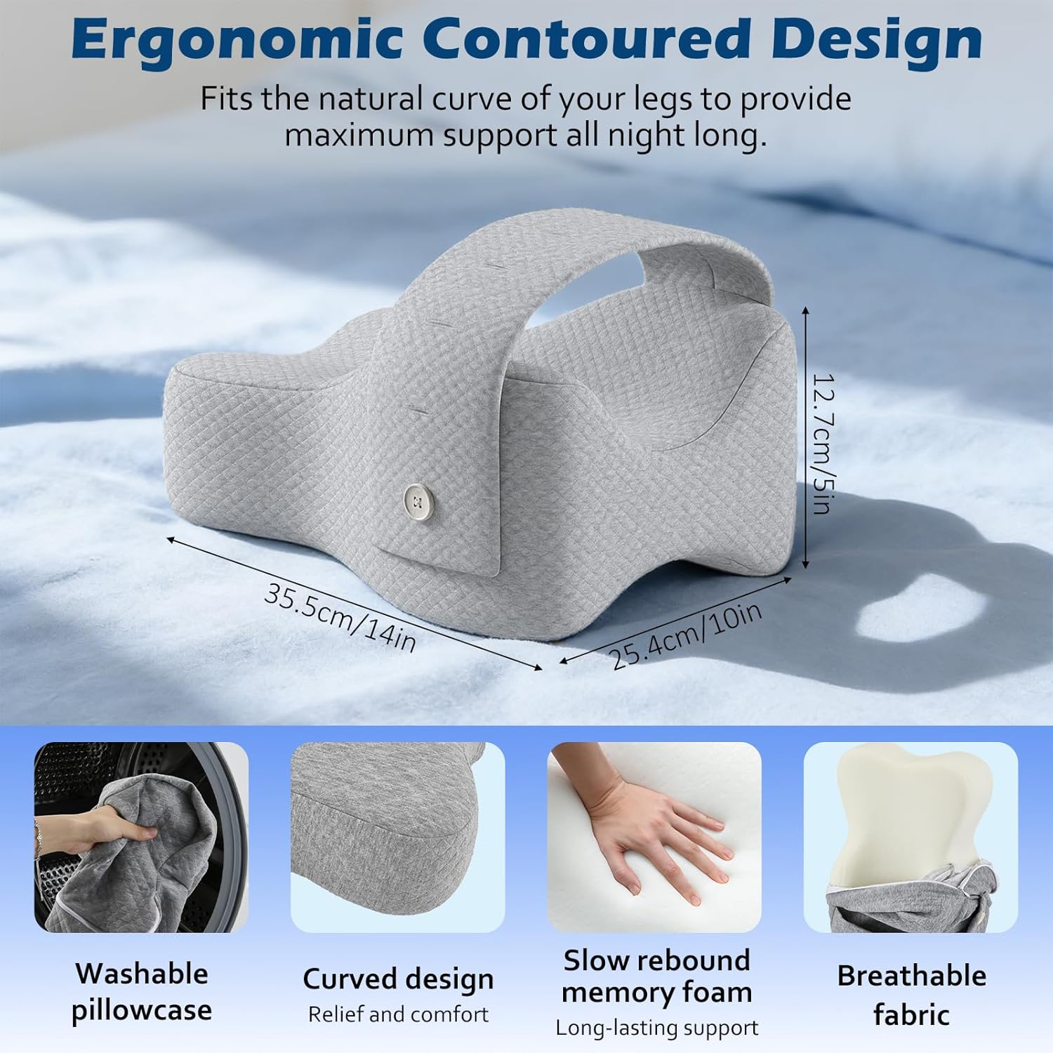 Kniekissen für Seitenschläfer – Ergonomisches Bein-Kissen gegen Hüft- und Rückenschmerzen, aus Memory Schaum mit atmungsaktivem, waschbarem Bezug für Beine, Hüfte & Rücken