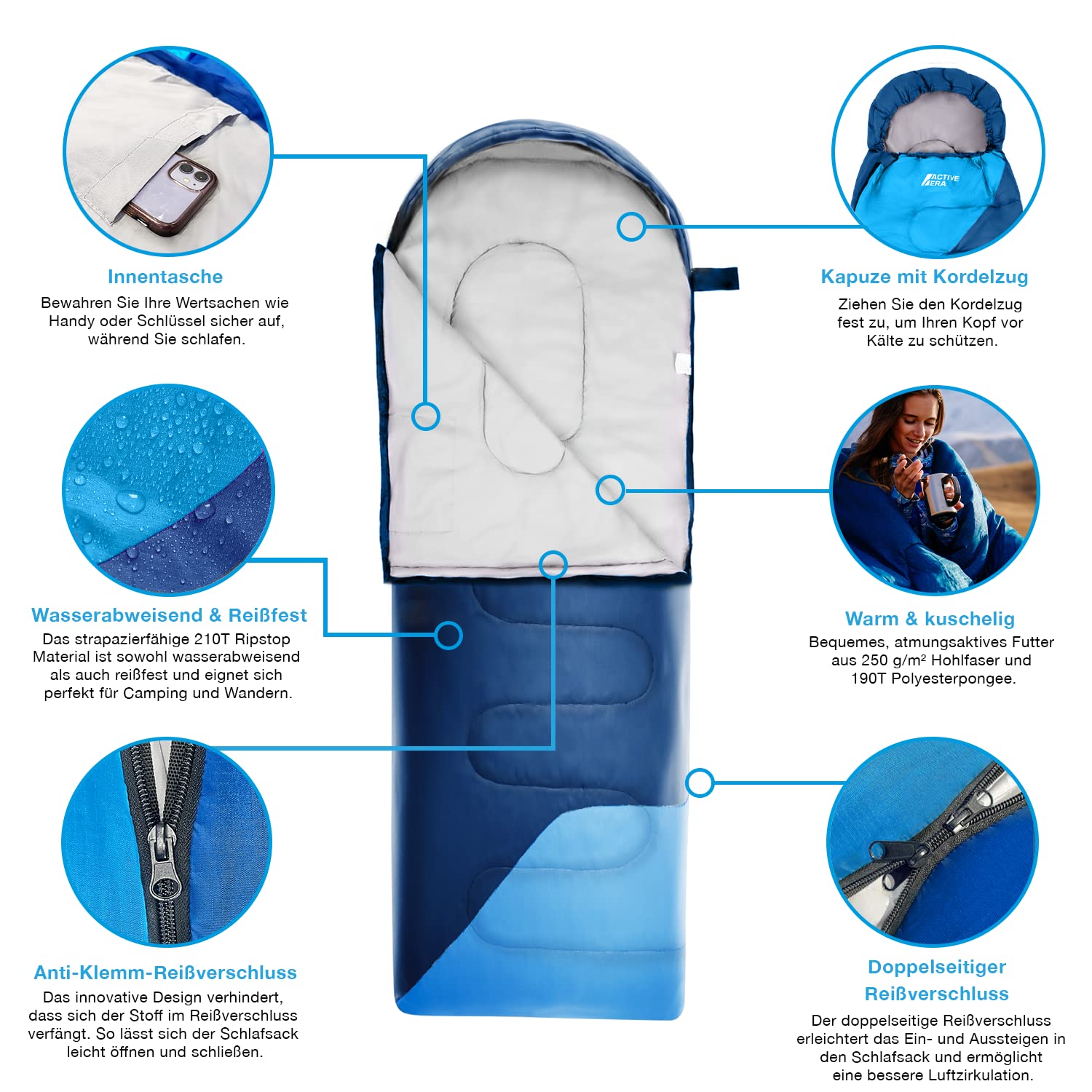 Active Era Premium Mumienschlafsack 250 GSM, Schlafsack Winter & Sommer, 0°C bis 15°C, Indoor und Outdoor Camping, Festivals, Sleeping Bag Wasserabweisend, Ultraleicht, Kleines Packmass