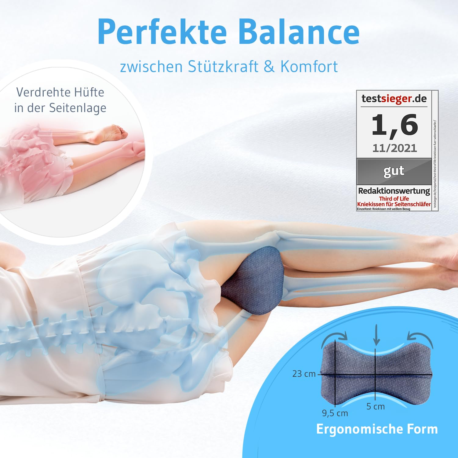 Kniekissen für Seitenschläfer, Orthopädisches Bein-Kissen für eine optimale Schlafhaltung, Ergonomisches Lagerungskissen aus viscoelastischem Memory Schaum, atmungsaktiver & waschbarer Bezug 23,5x9,5