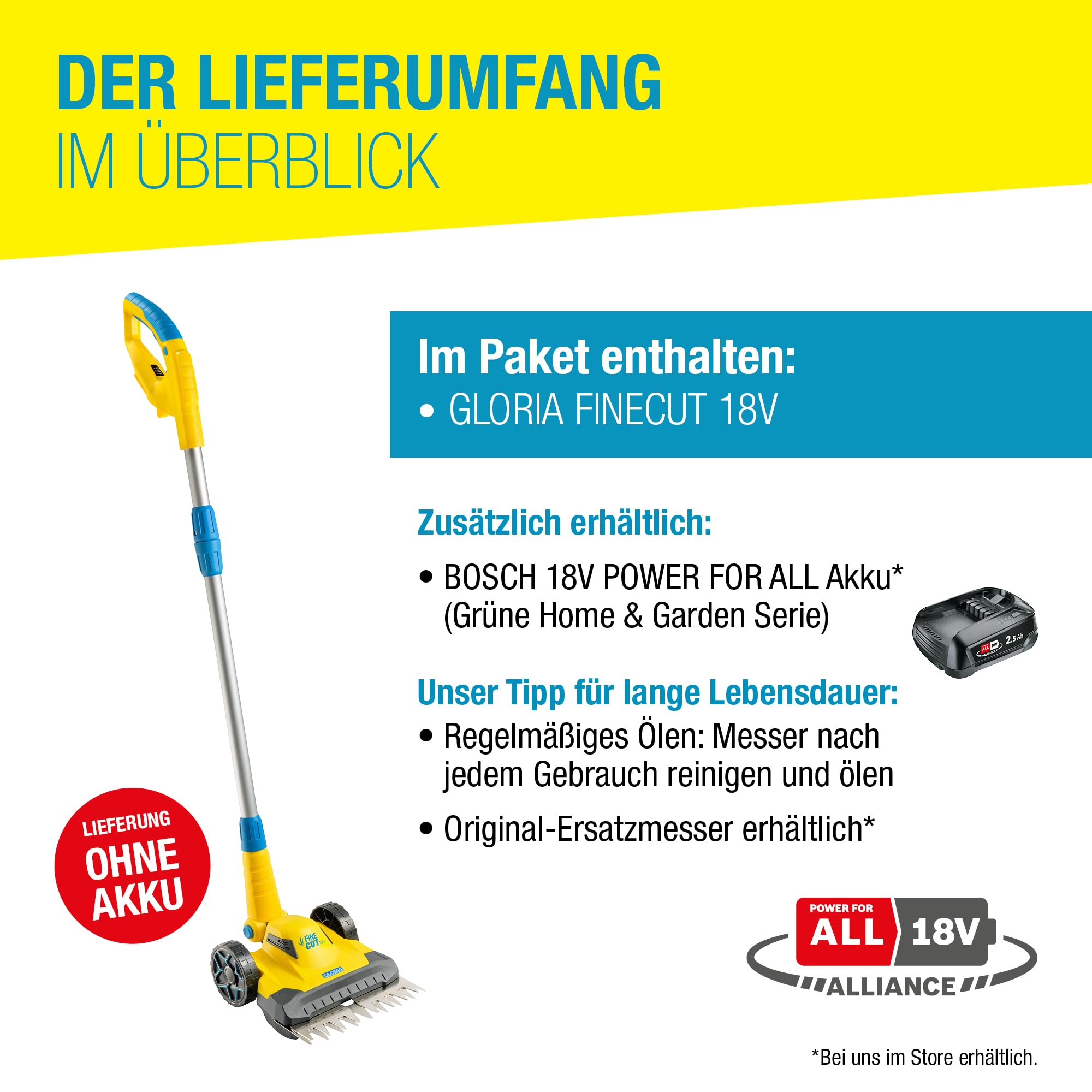 Rasentrimmer & Kantenschneider FineCut Varianten 18V Set | 25 cm Schnittbreite fĂŒr Rasenkanten & kleine GĂ€rten | inkl. Bosch Akku & LadegerĂ€t | Ideal als ErgĂ€nzung zum MĂ€hroboter, Gelb und Blau, Auswahl Varianten