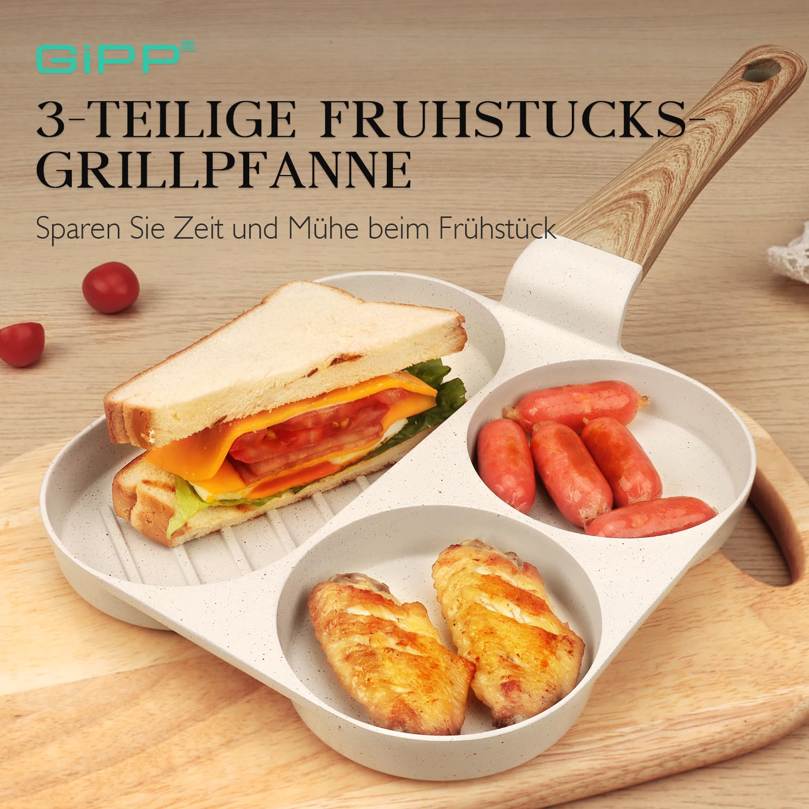 Spiegeleipfanne, 3-Loch Omlettenpfanne, Granit-Antihaftbeschichtung, PFOS/PFOA-Frei Eierpfanne für Gebratenes Frühstück/Eier/Wurst/Speck, Weiß