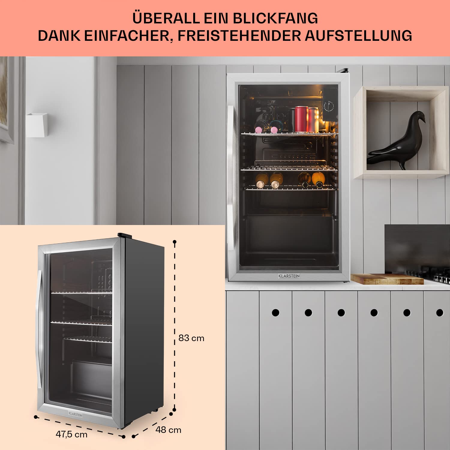 Beersafe Getränkekühlschrank 60 L – Mini Kühlschrank mit Glastür, Kupfer | LED-Beleuchtung, herausnehmbare Metallablagen, leise, Flaschenkühlschrank für Getränke & Dosen