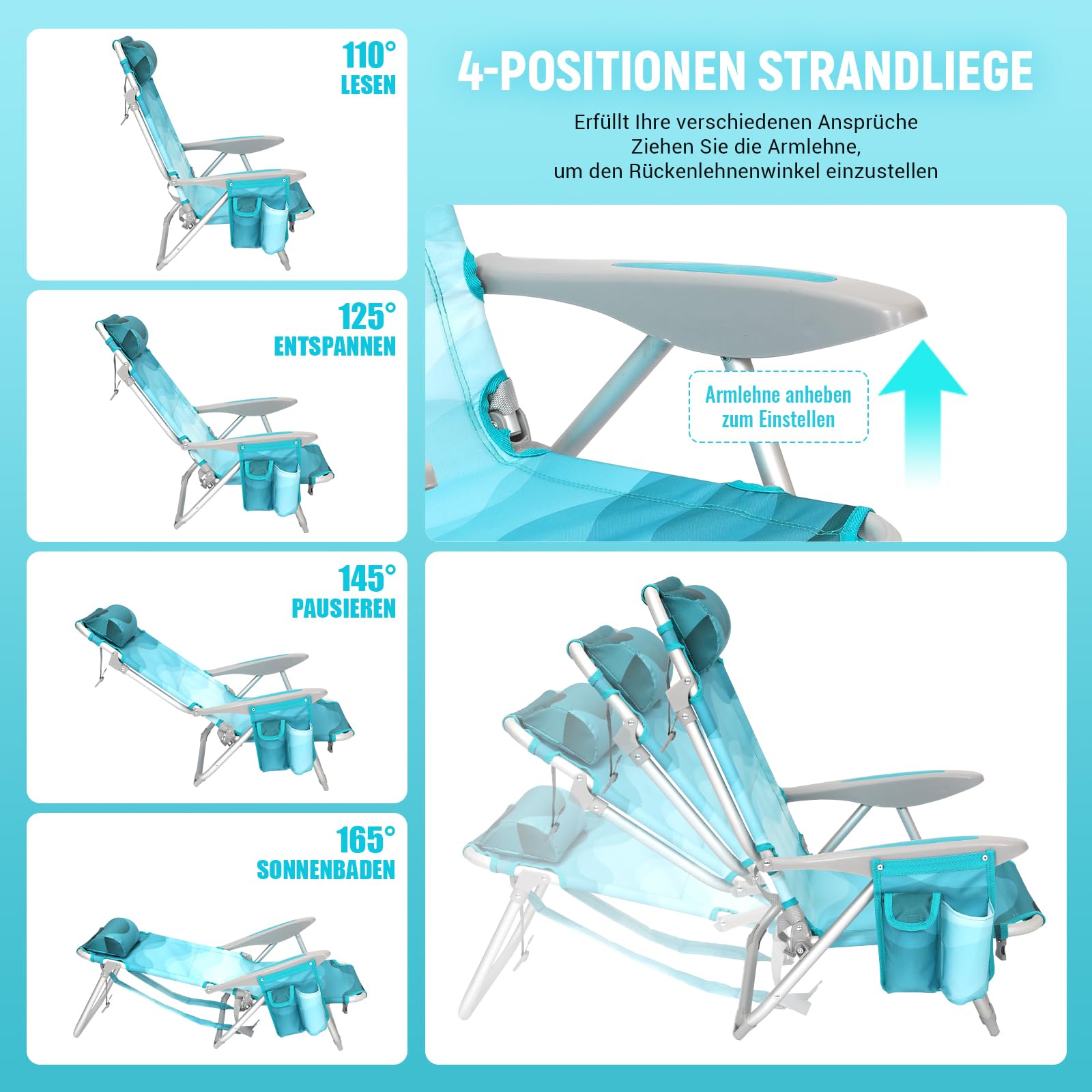 Strandstuhl klappbar Alu Hochlehner Klappstuhl 4 Position Leicht tragbar stabiler Campingstuhl
