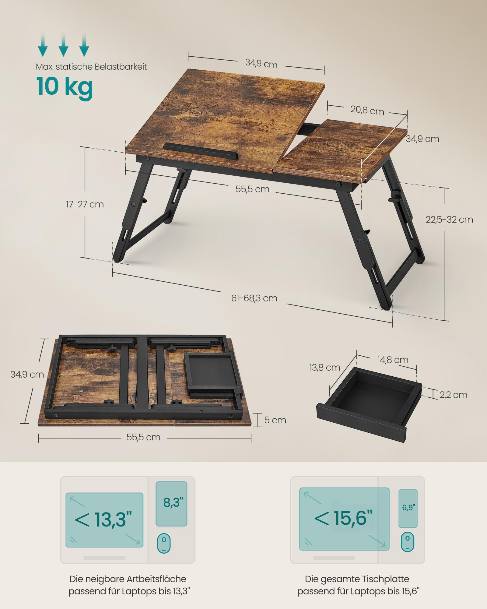 Laptoptisch für Bett, Laptopständer, Winkel- und höhenverstellbar, klappbare Beine, für Laptops bis 15,6 Zoll, Arbeiten, Lesen, Bambusbeine, Schublade, 55,5 x 34,9 cm, vintagebraun LLD105B01