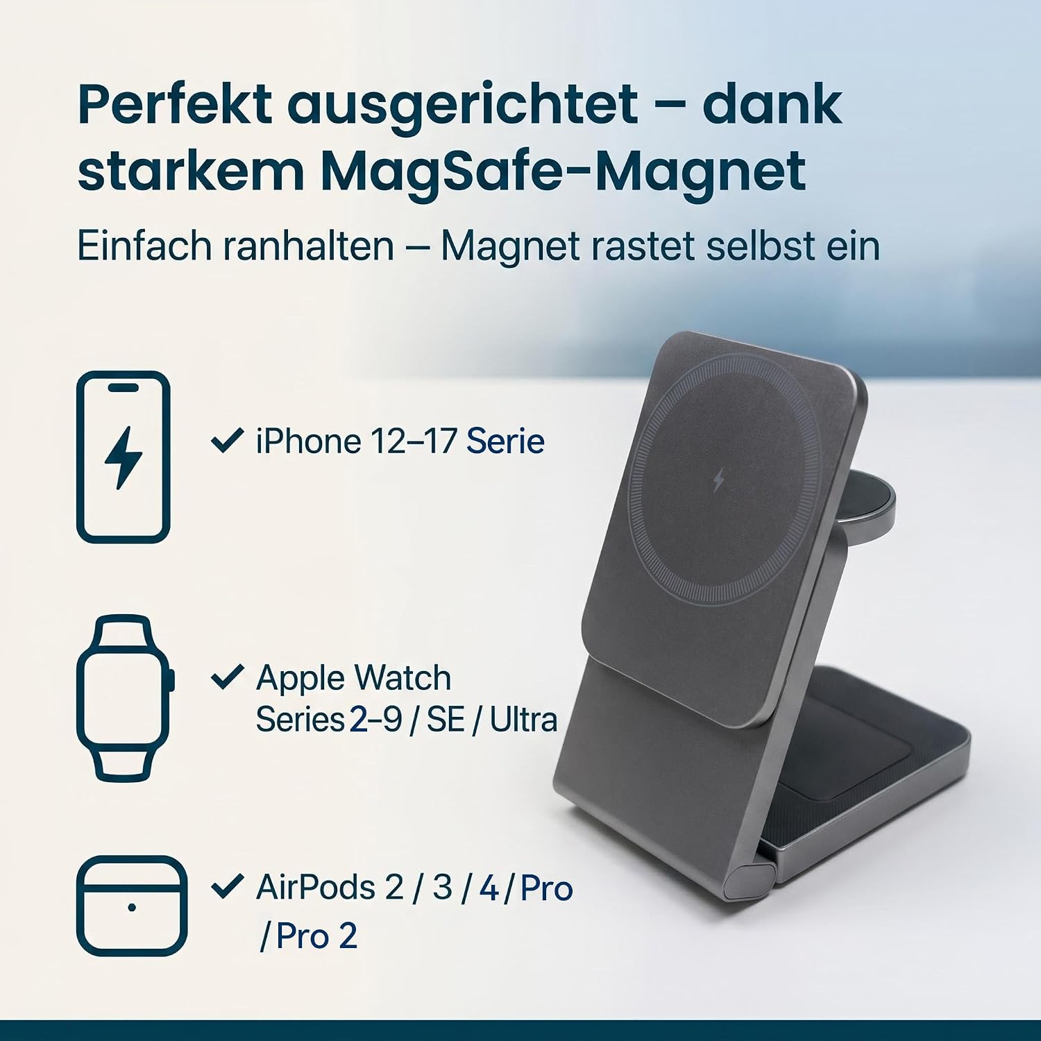3 in 1 MagSafe Induktive Ladestation, Kabelloses Ladegerät QI2.2 | Magnet Induktionsladegerät für iPhone 12-17 Serie/Apple Watch/AirPods, Wireless Charger Stand mit 20W Adapter, Silber-Schwarz