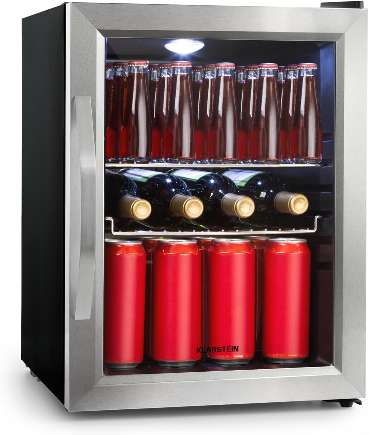 Getränkekühlschrank 33 L – Mini Kühlschrank mit Glastür, Silber-Schwarz | LED-Beleuchtung, herausnehmbare Metallablagen, leise, Flaschenkühlschrank für Getränke & Dosen
