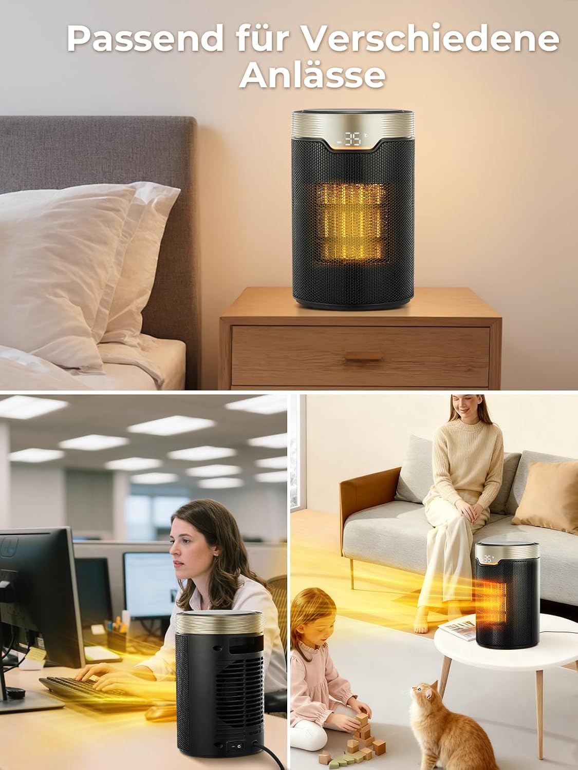 Heizlüfter Energiesparend, 24 Std Timer 32 dB Leiser 1500W PTC Keramik Elektrischer Heizlüfter mit Thermostat, Überhitzungs- & Kippschutz, Elektroheizung für Räume Schlafzimmer, ECO-Modus, Glod