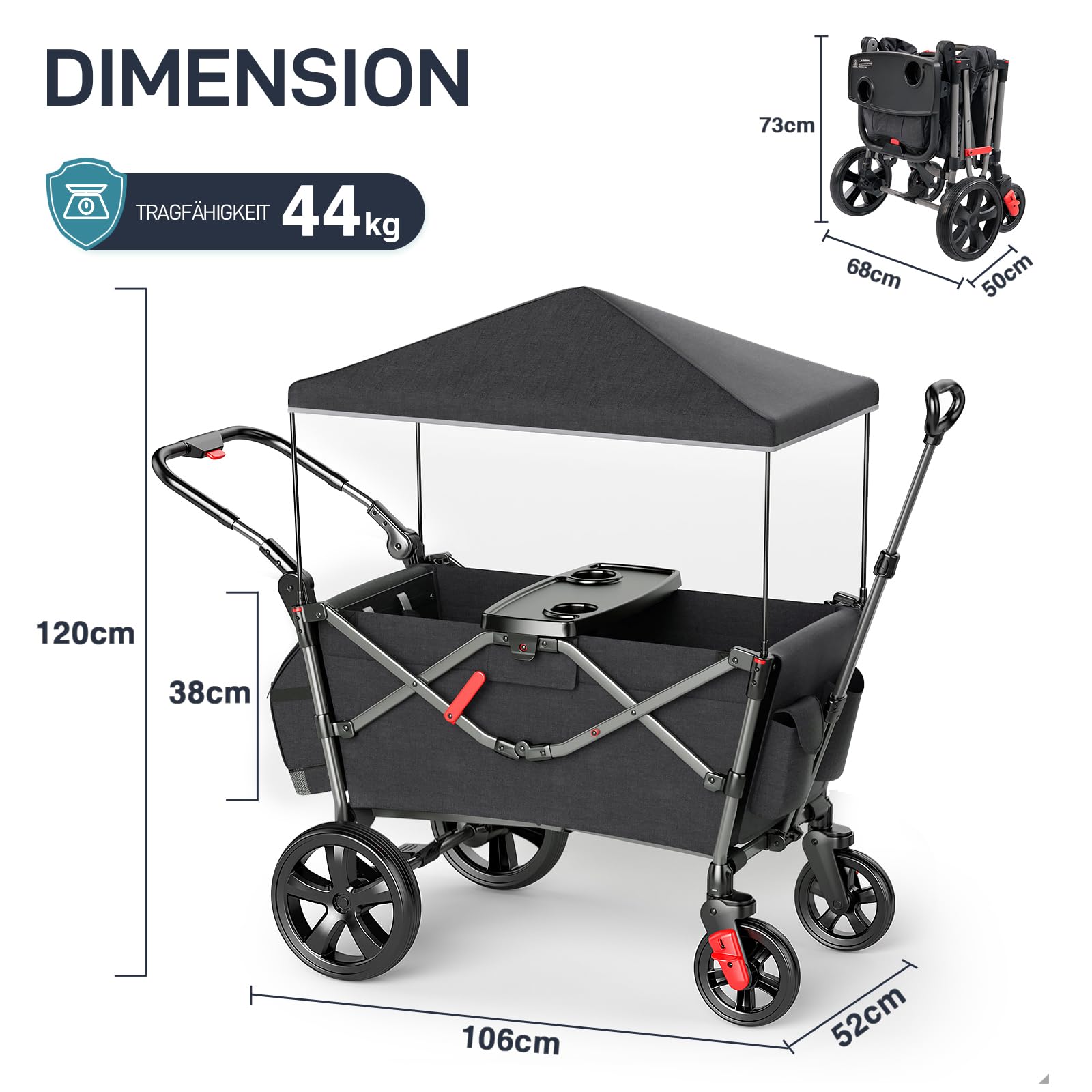 Bollerwagen für 2 Kinder Faltbar mit Dach, Kinderwagen 2x5 Punkt Sicherheitsgurt mit Wickelrucksack, Bollerwagen mit Sitz, Handwagen Transportwagen, Ziehen & Schieben, Fußbremse