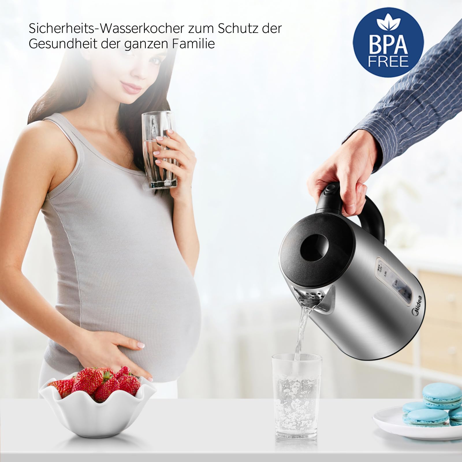 Edelstahl-Kessel mit Temperatureinstellung, 45°C - 100°C, 1,5 Liter, 2200 W Wasserkocher weiß, Teebereiter mit Temperaturanzeige und Sicherheitsfunktionen, BPA-frei, Doppelwanddesign