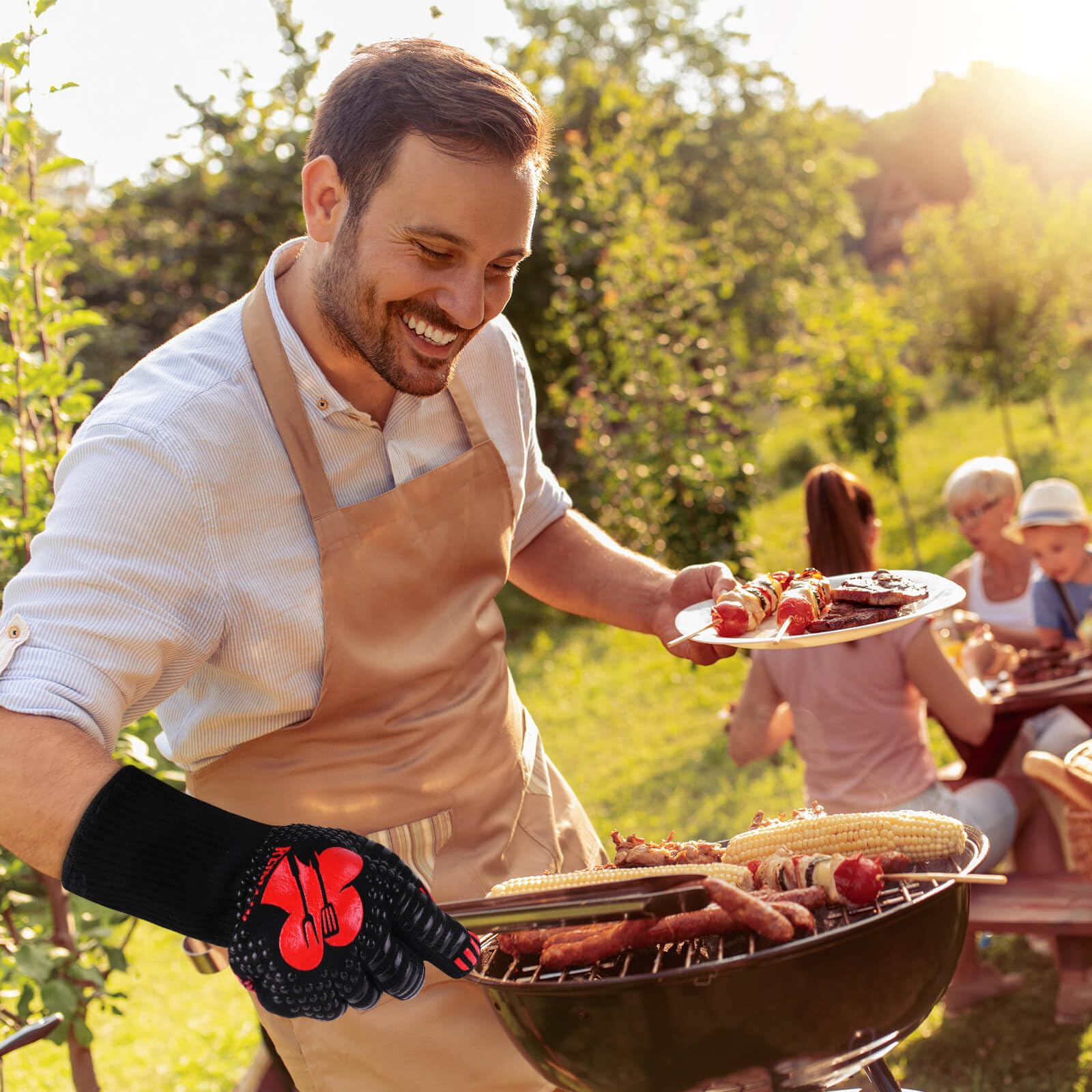 Reinalin Grillhandschuhe Hitzebeständig bis 800°C, Ofenhandschuhe Topfhandschuhe Feuerfeste Handschuhe BBQ Handschuhe Kochhandschuhe Backhandschuhe Backofenhandschuhe (L/XL/XXL, Schwarz)