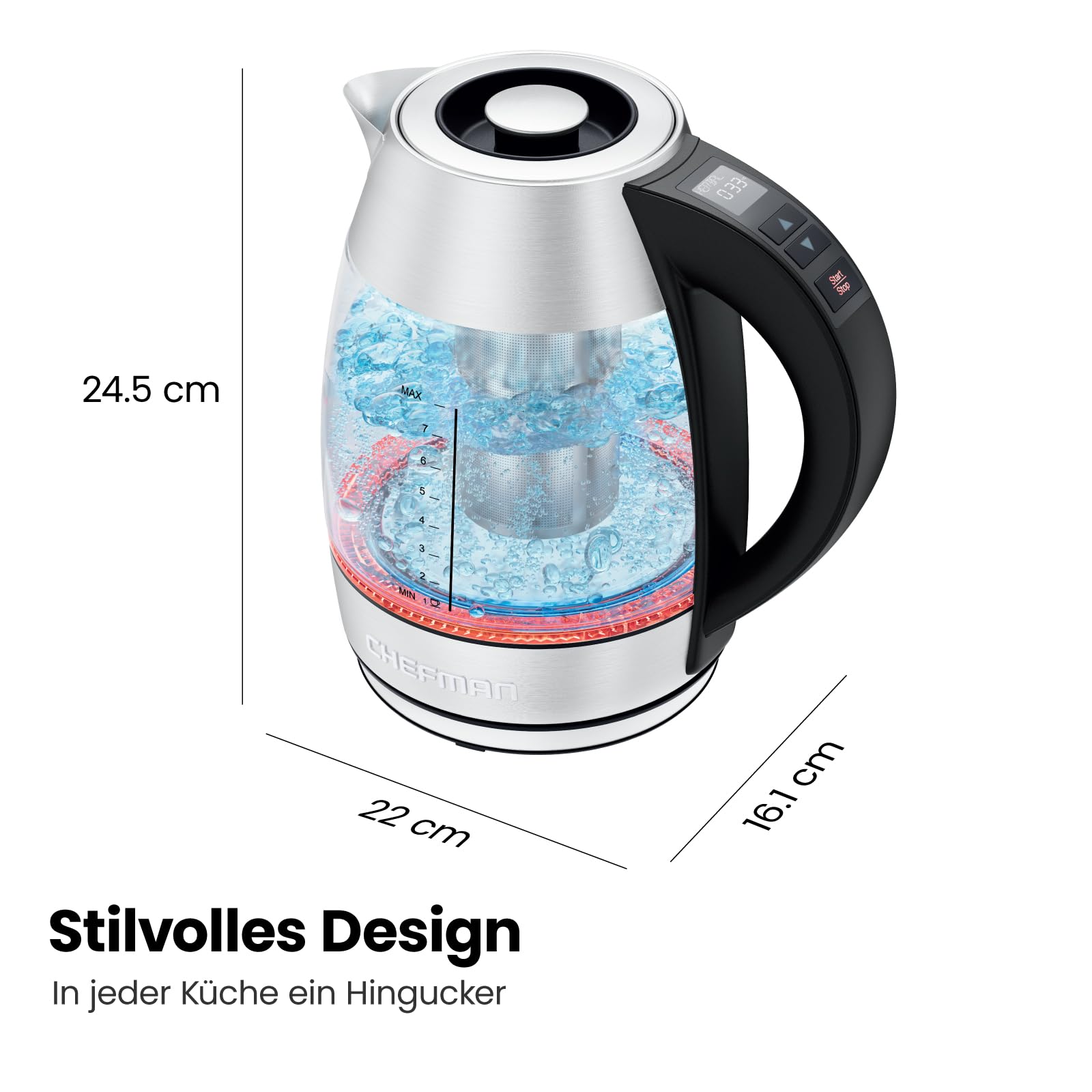 Elektrischer Wasserkocher Glas mit Teesieb, 1.8 Liter, LED-Anzeige / BPA-Frei, 2200 Watt, Edelstahl