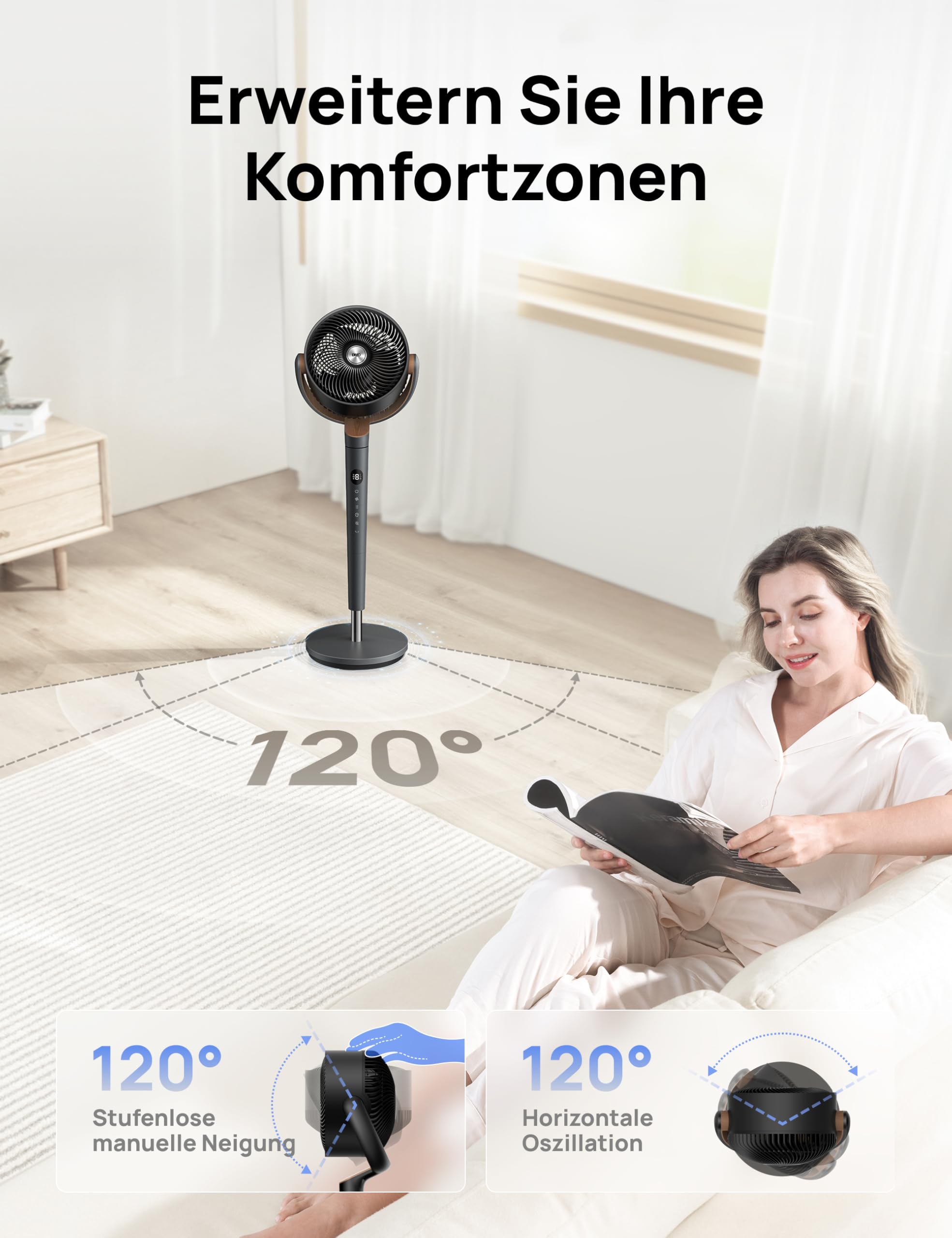 Starker Standventilator Smart mit RGB Light, 120° +120° Oszillierender Ventilator mit Fernbedienung, 20dB Leiser Bodenventilator / Turmventilator für Schlafzimmer, 8H Timer, Silber