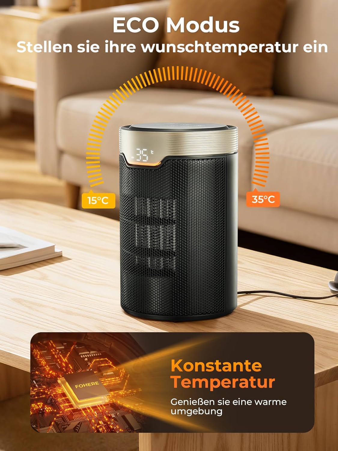 Heizlüfter Energiesparend, 24 Std Timer 32 dB Leiser 1500W PTC Keramik Elektrischer Heizlüfter mit Thermostat, Überhitzungs- & Kippschutz, Elektroheizung für Räume Schlafzimmer, ECO-Modus, Glod
