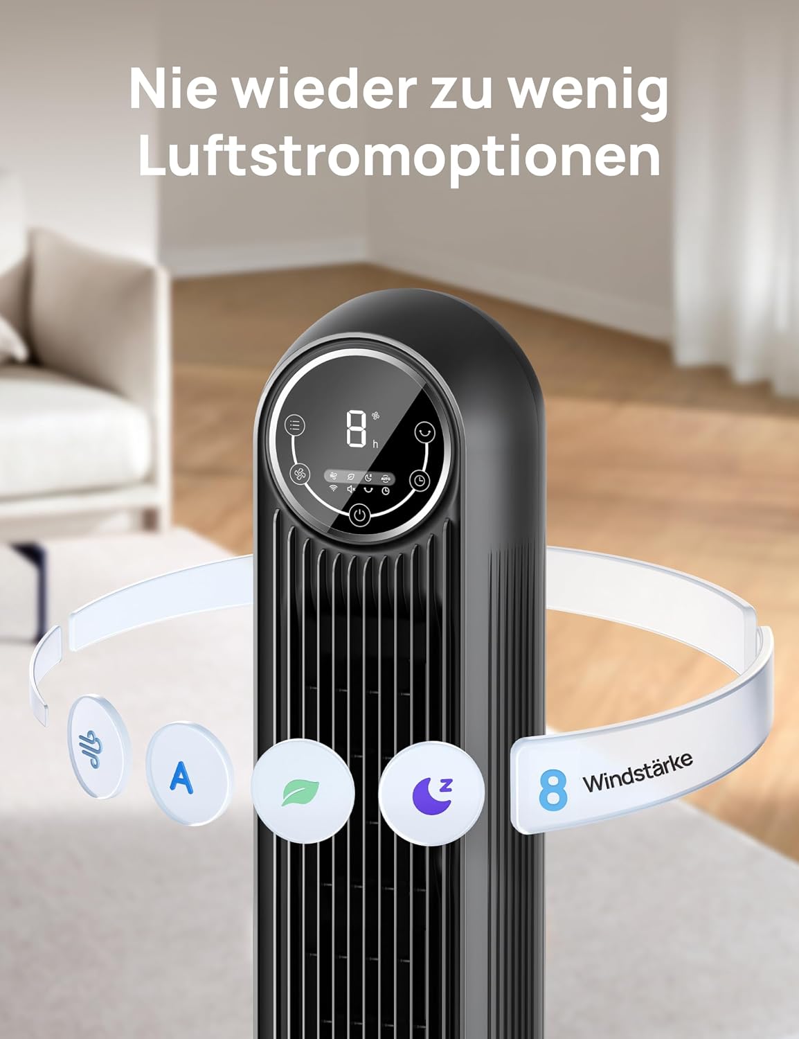 Leiser Turmventilator, 10 m Wurfweite 8 Geschwindigstufen 4 Modi 8 Std. Timer 90° oszillierende Ventilator mit Kühlung Fernbedienung für Schlafzimmer,Turmventilator 307, Schwarz