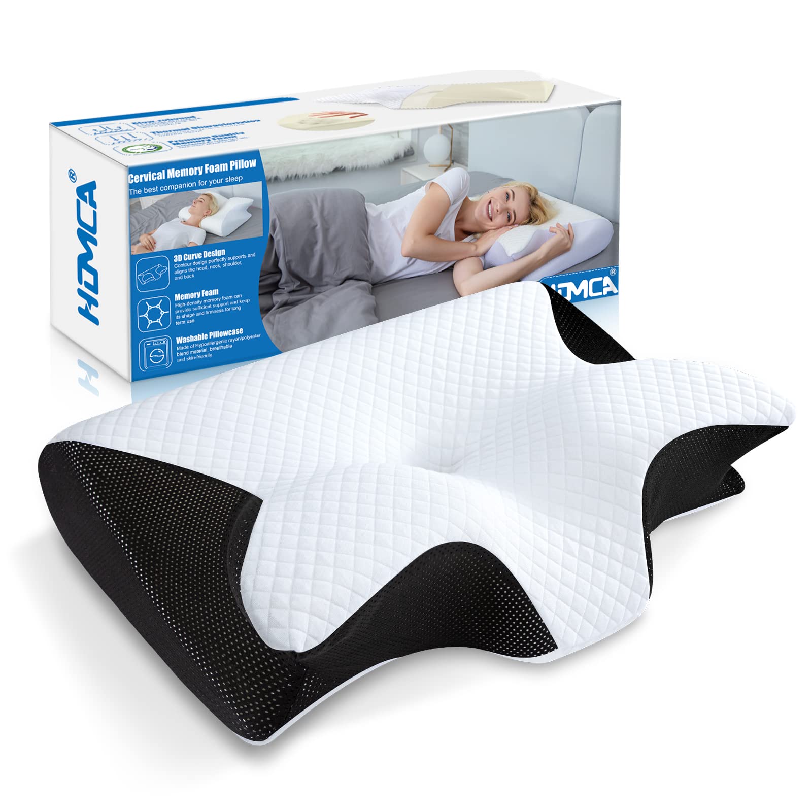 2 in 1 Ergonomisches Nackenkissen Orthopädisches Kopfkissen Memory Foam Kissen für Rücken-, Seiten- und Bauchschläfer, 60x40x12/14cm