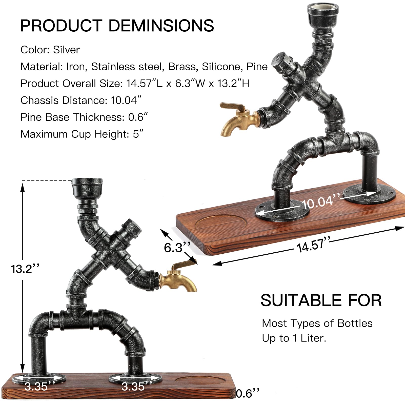 Whiskyspender Silber mit flambiertem Holz – Steampunk Getränkespender aus Metall mit Silikonschlauch – Geschenkidee für Männer & Bar Deko