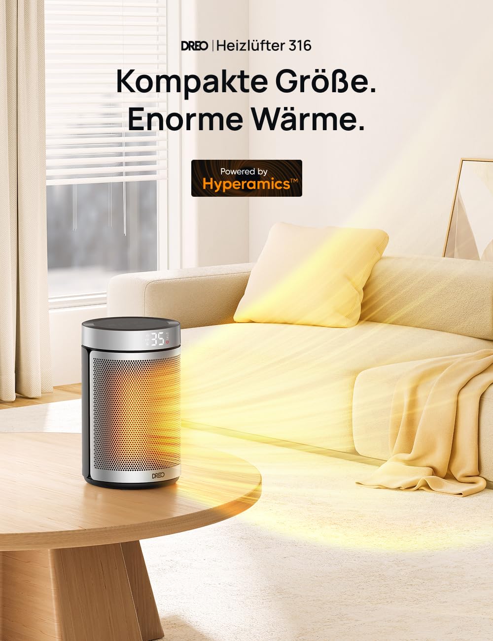 Energiesparender Heizlüfter, 34 dB Leiser 1500W Elektrischer PTC Keramik, Thermostat, Überhitzungs- & Kippschutz, 12 Std. Timer, Elektroheizung für Räume Schlafzimmer, Heater 316, Gold