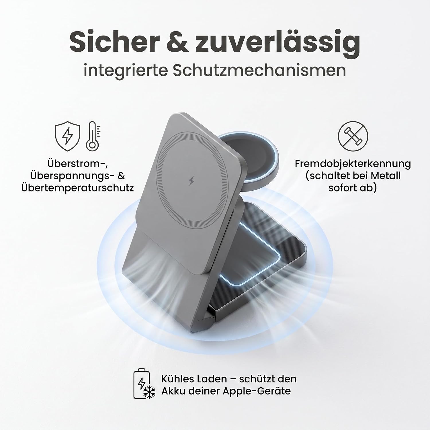 3 in 1 MagSafe Induktive Ladestation, Kabelloses Ladegerät QI2.2 | Magnet Induktionsladegerät für iPhone 12-17 Serie/Apple Watch/AirPods, Wireless Charger Stand mit 20W Adapter, Silber-Schwarz