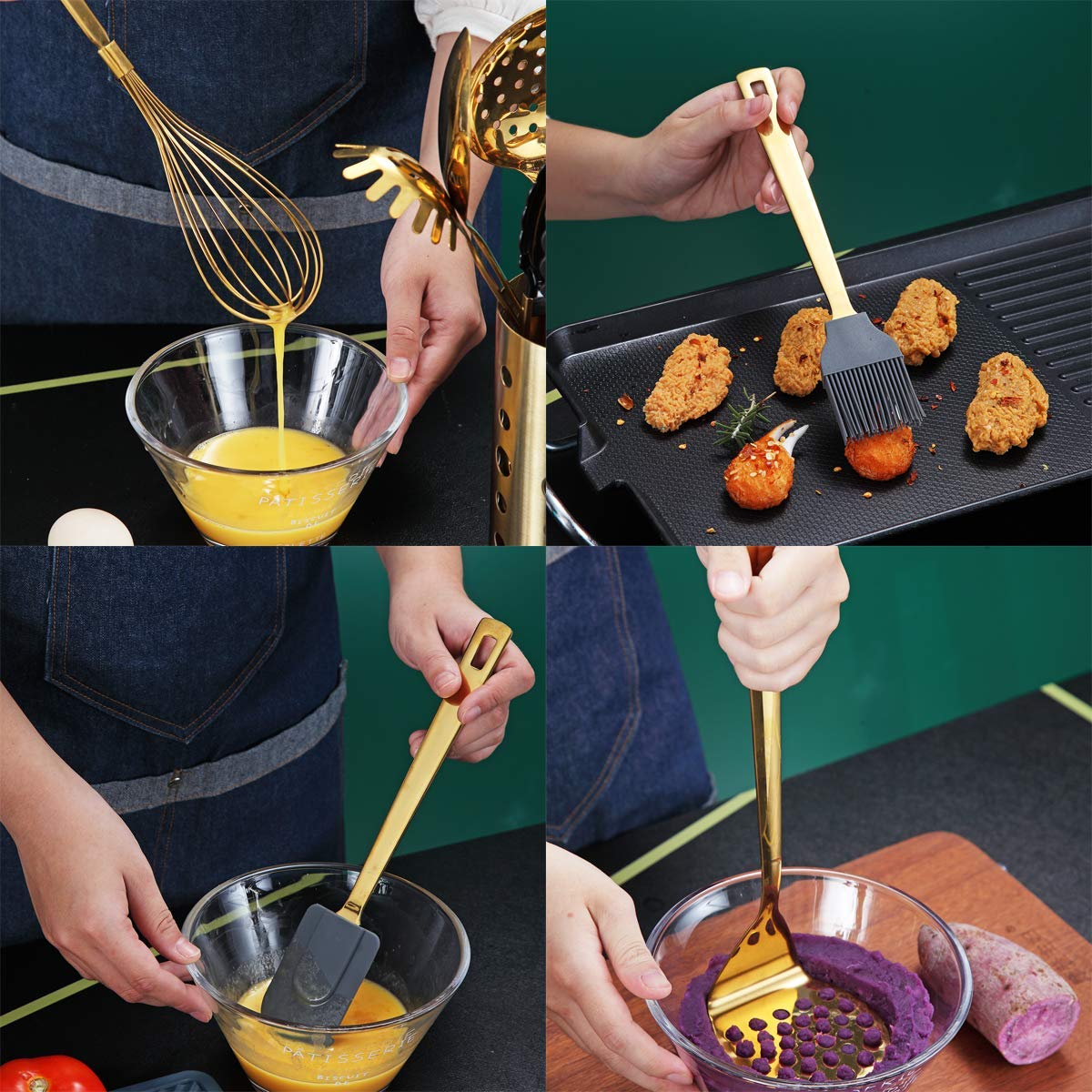 Goldfarbenes Kochutensilien Set, Edelstahl 13 Stück Küchenutensilien Set mit Titanbeschichtung, Küchenutensilien Set mit Utensilienhalter, Geschirrspüler-sicher, leicht zu reinigen