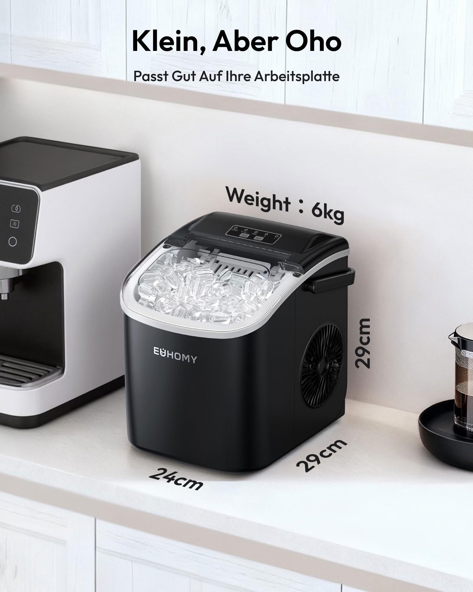 Eiswürfelmaschine Klein, 9 Eiswürfel in 6 Minuten, 12 kg/24H, Eiswürfelmaschine Edelstahl mit Tragbarem Griff, Selbstreinigender Kompakter Eiswürfelmaschinen für Zuhause/Küche/Büro/Bar