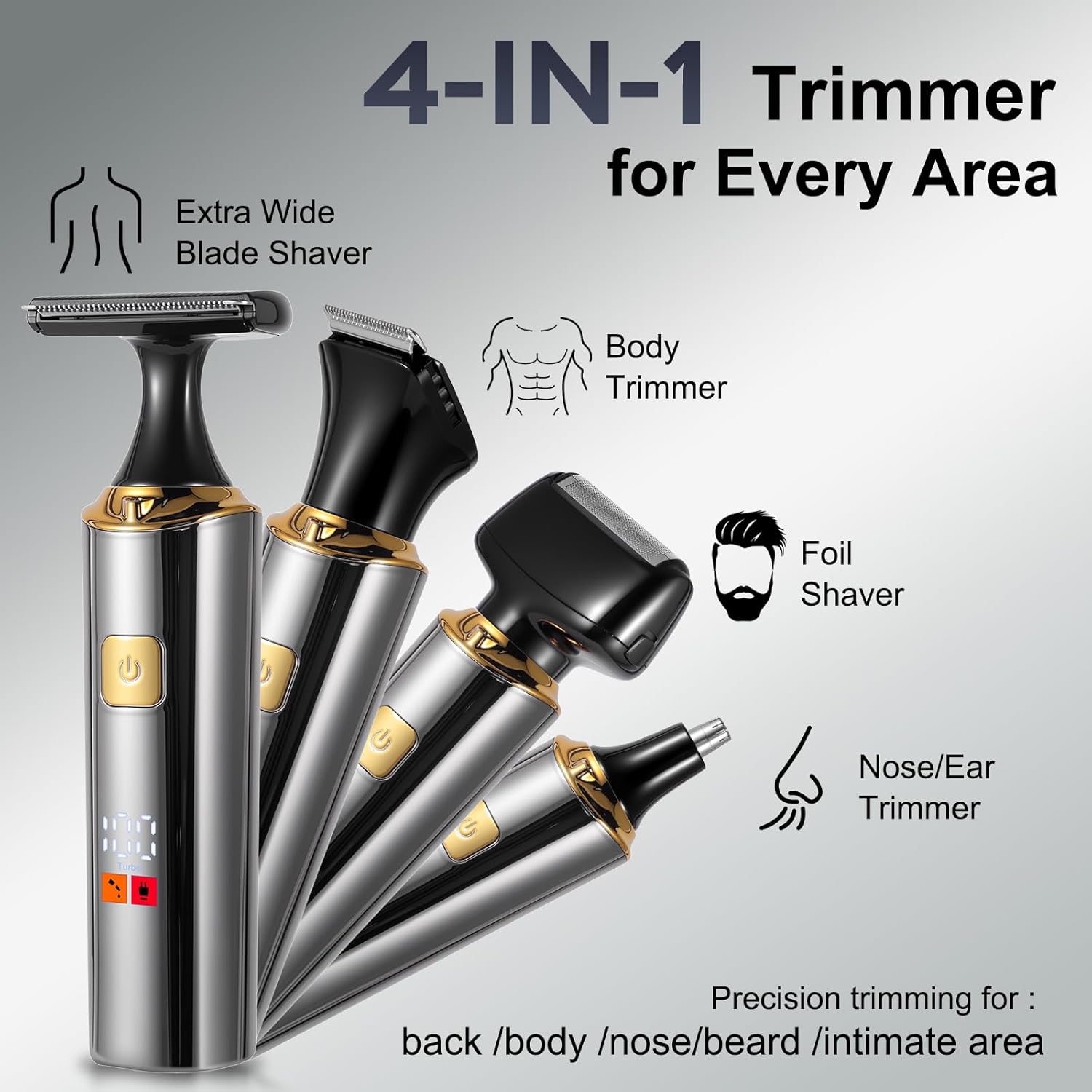 Elektrischer Rückenrasierer für Männer, Körper-Trimmer, Haarschneider, 4-in-1-Set mit ausziehbarem Hilfsarm, wasserdicht, für Gesicht, Kinn, Arme, Rücken, Schamhaar, Pflege-Set