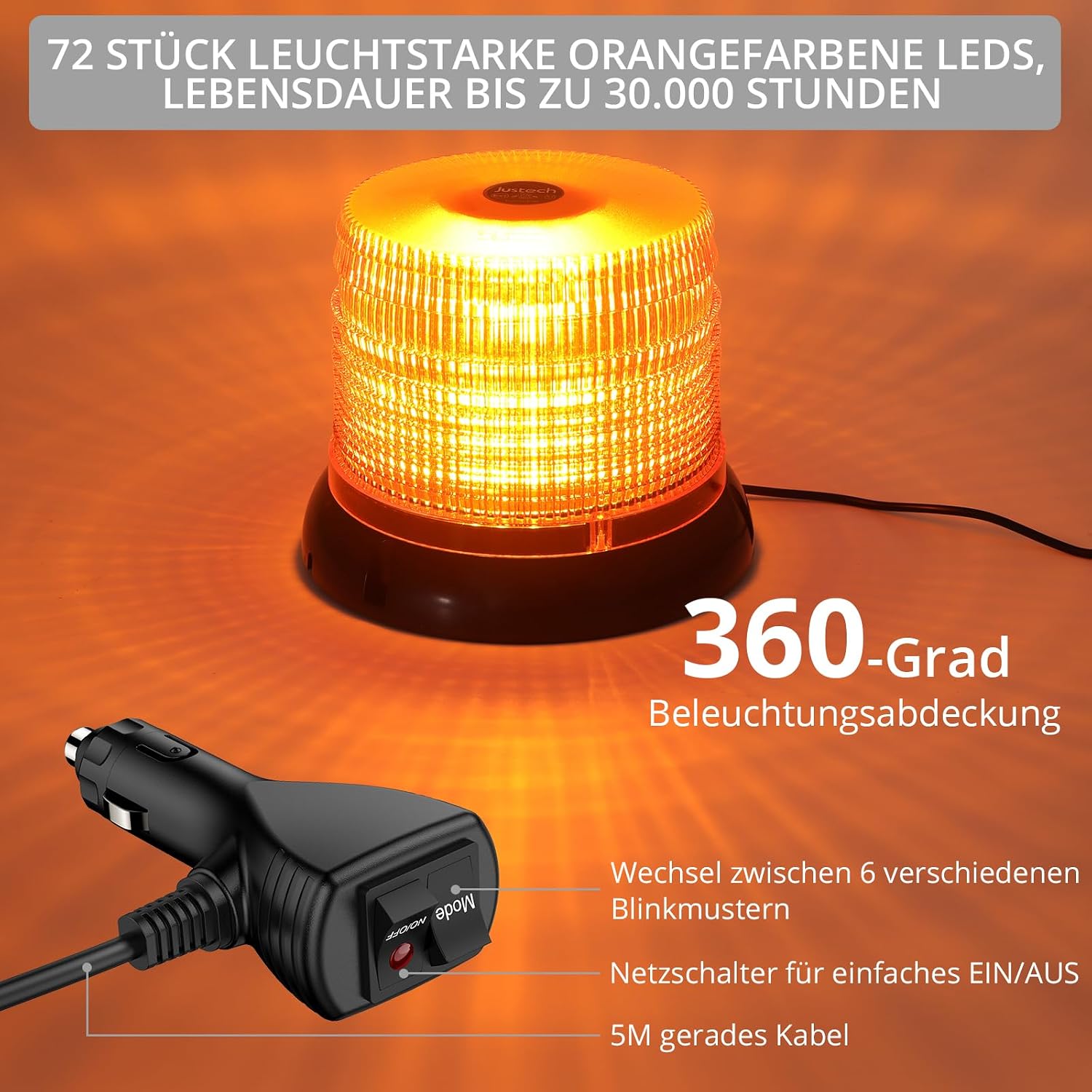 Warnleuchte Rundumleuchte 360° Gelb Blitzleuchte 7 modus mit 5m Netzkabel Doppelter Schraube 12V / 24V Warnlicht mit Magnetfuß Notfallblinklampe Magnet Transparent für Auto LKW usw