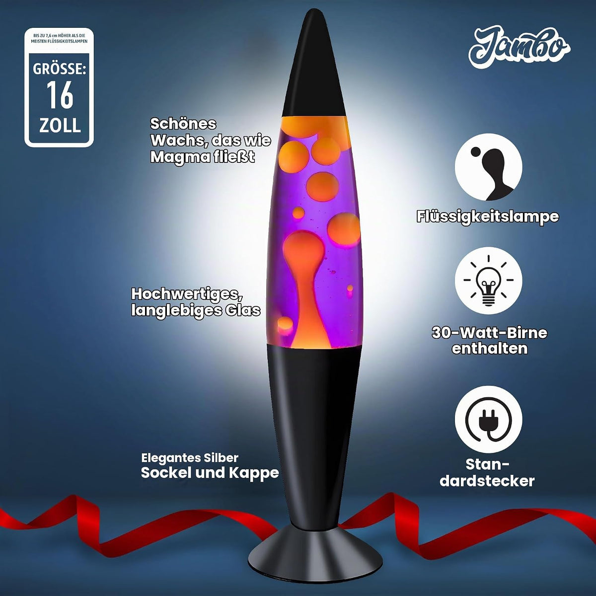Jambo Liquid-Motion-Lampe mit schwarzem Sockel (Black Base, Purple Liquid, Yellow Wax, 16")