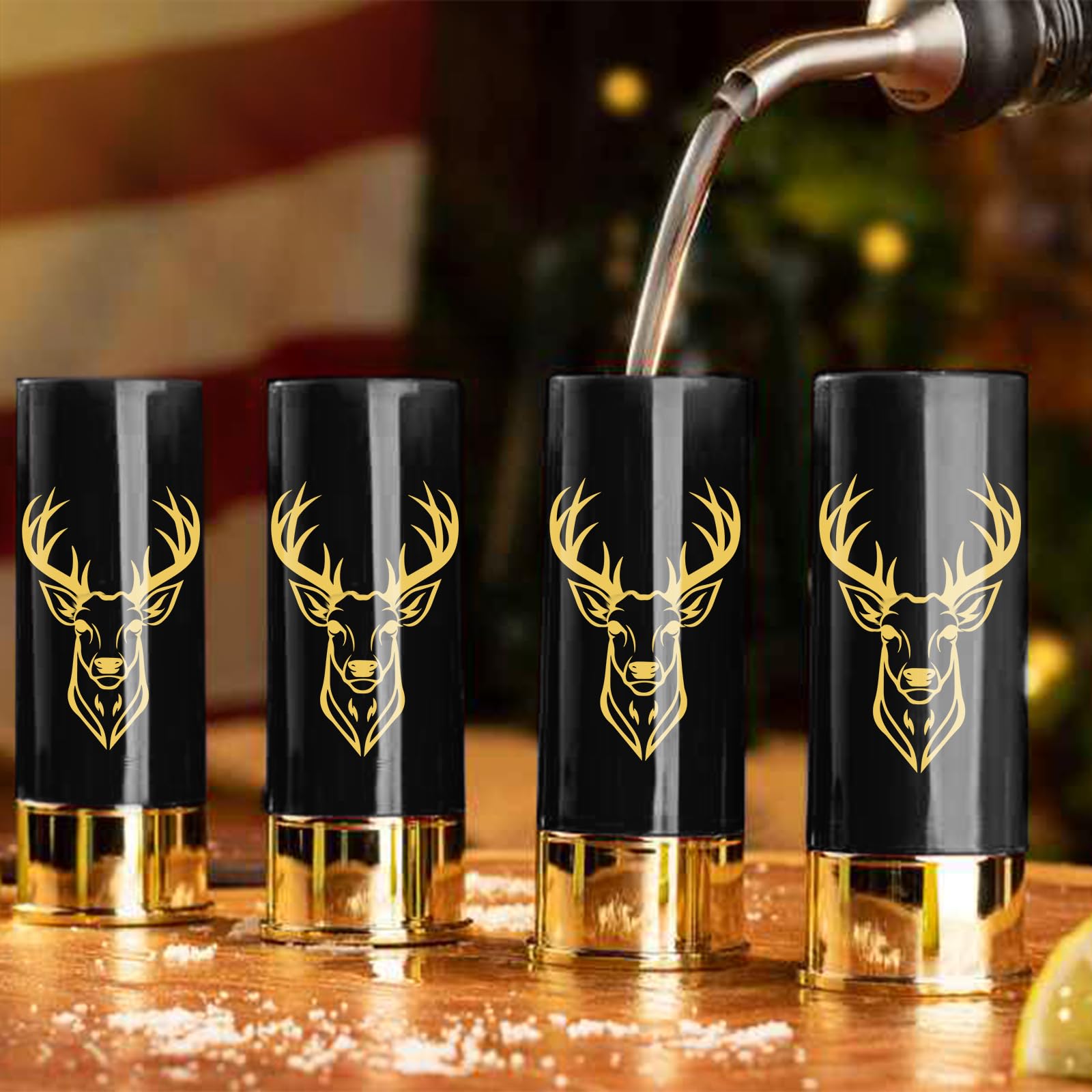 Schnapsgläser mit Hirschkopf, Grosspackung mit Geschenkbox, für Männer und Frauen, Hochzeitsfeier, Vatertag, Geschenke für Jäger, 12 GA Hirschjagd, Kleine Schnapsbecher, 45 ml, Plastik, Schwarz