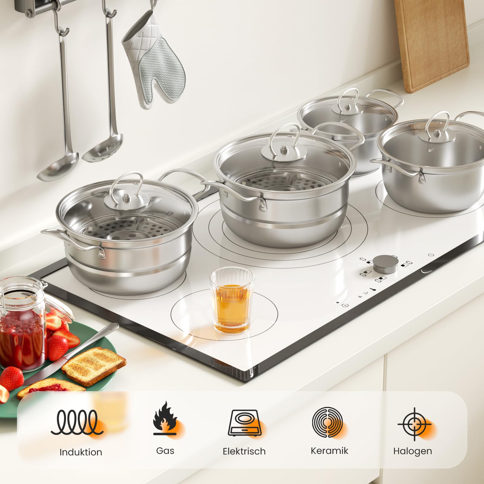 Edelstahl Saucepan Set, 12-teilige Töpfe Set mit Dampfer und Löffel, großes Kochgeschirr, Induktionskochtopf Set, Töpfe Set