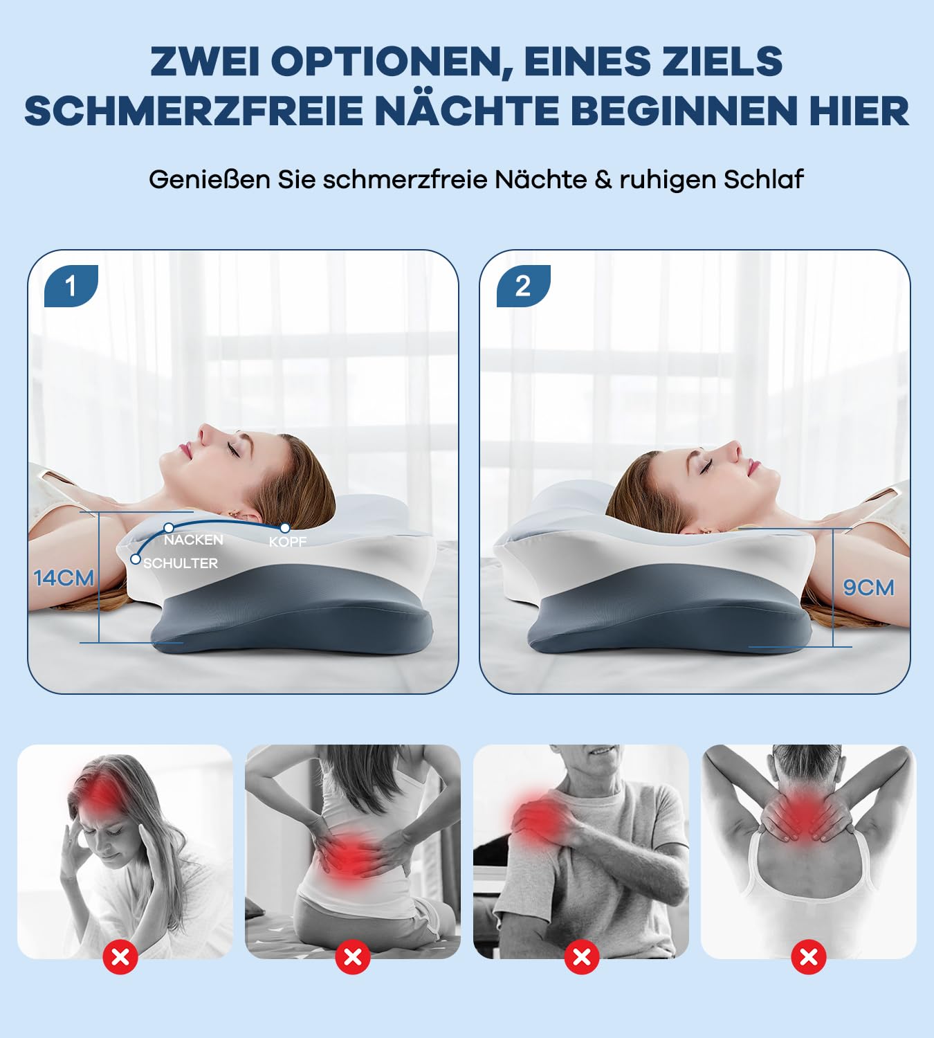 Memory Schaumkissen, ergonomisches Halskissen, Seitenschläferkissen für Seiten, Rücken- und Magenschläfer