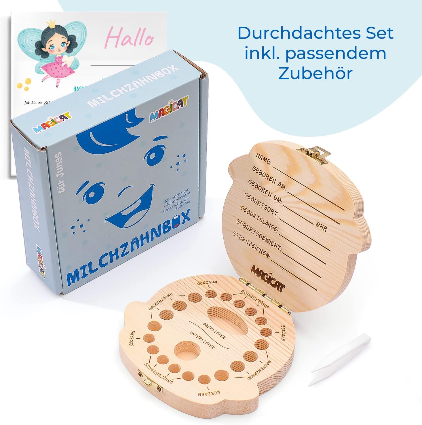 Milchzahndose Jungen, Zahndose aus Holz, Dose zur Aufbewahrung von Milchzähnen, Baby Milchzähne Box als Geschenk zum Geburtstag oder Taufe, inkl. Pinzette und Zahnfee Geschichte
