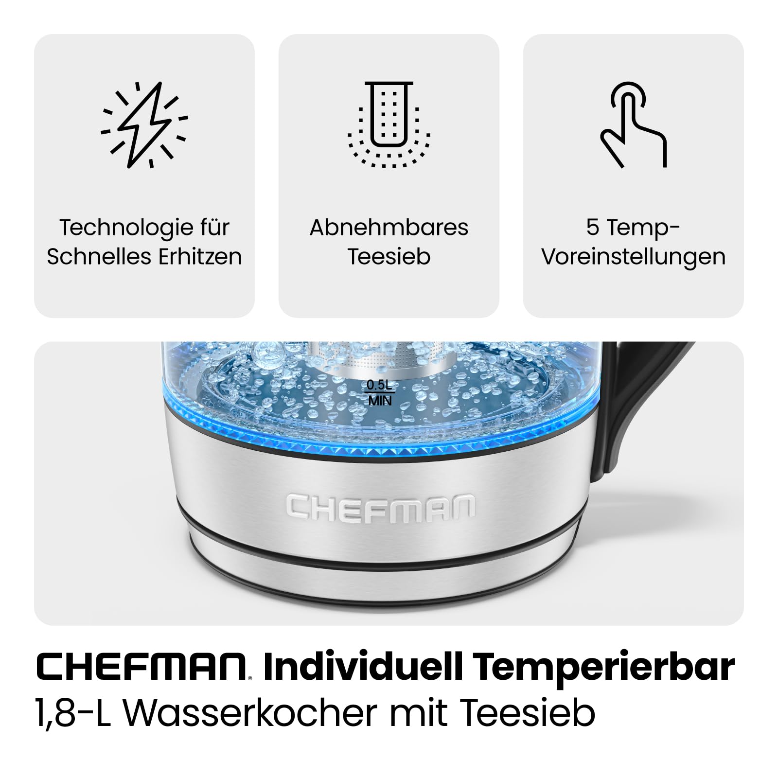 Elektrischer Wasserkocher Glas mit Teesieb, 1.8 Liter, LED-Anzeige / BPA-Frei, 2200 Watt, Edelstahl