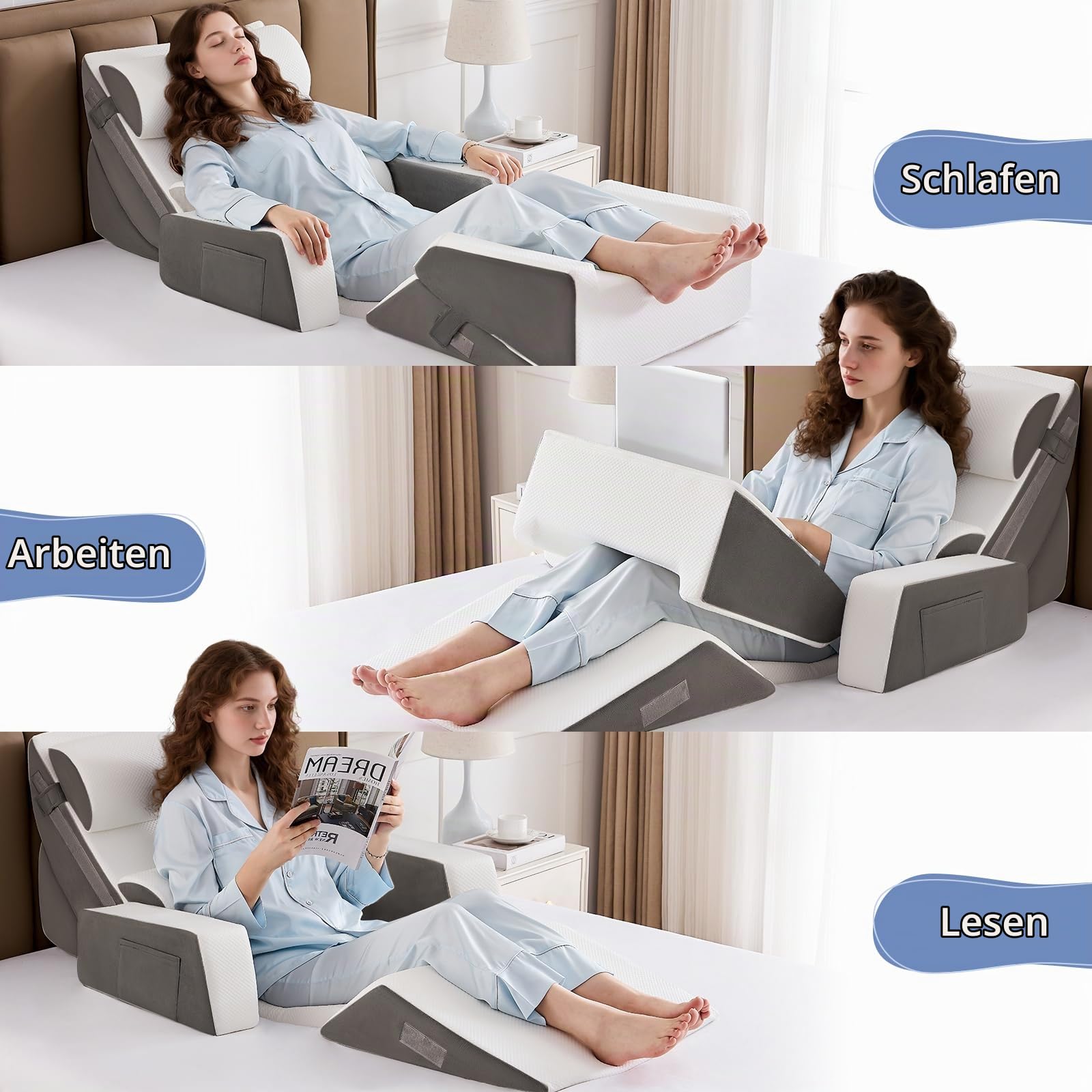 9PCS Orthopädische Bett Keil Kissen Set,Post Chirurgie Schaum Kissen für Körper, Rücken und Beine Schmerzlinderung,Justierbare Stützkissen mit Säure Reflux Bed Wedge Memory Foam Durchgehend dunkelgrau