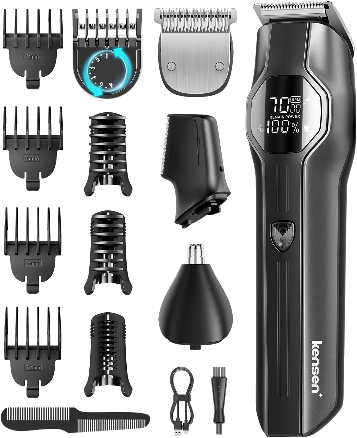 kensen Barttrimmer für Herren, All-in-One, Multistil-Trimmer, 12 in 1, 210 Minuten Akkulaufzeit, Körperhaartrimmer, Nase, Bart, wasserdicht, IPX7, USB-C, LED-Display, für Kopf bis Fuß, 6000/7000 U/min