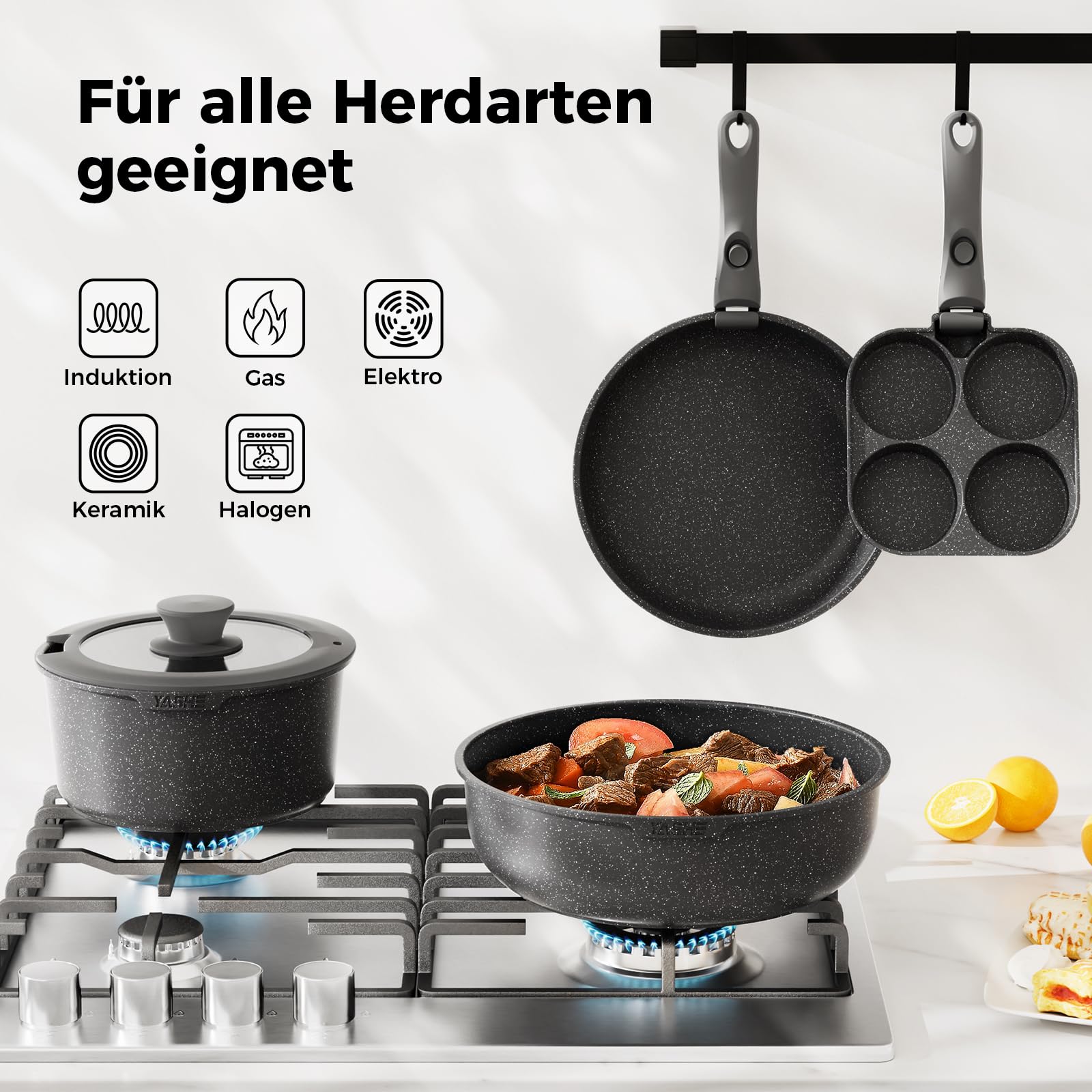 20er Set Kochtopf mit Anti-Haft-Beschichtung, abnehmbare Griffe, geeignet für Induktionskocher, Ofen bis 230 °C, Geschirrspüler sicher / NEU & OVP!