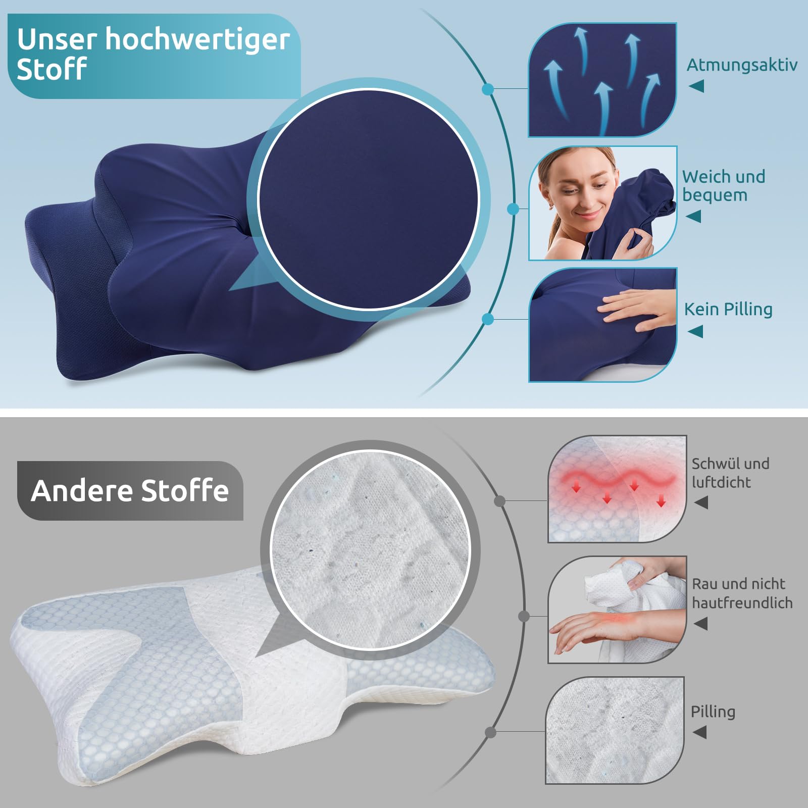 Memory Schaumkissen, ergonomisches Halskissen, Seitenschläferkissen für Seiten, Rücken- und Magenschläfer