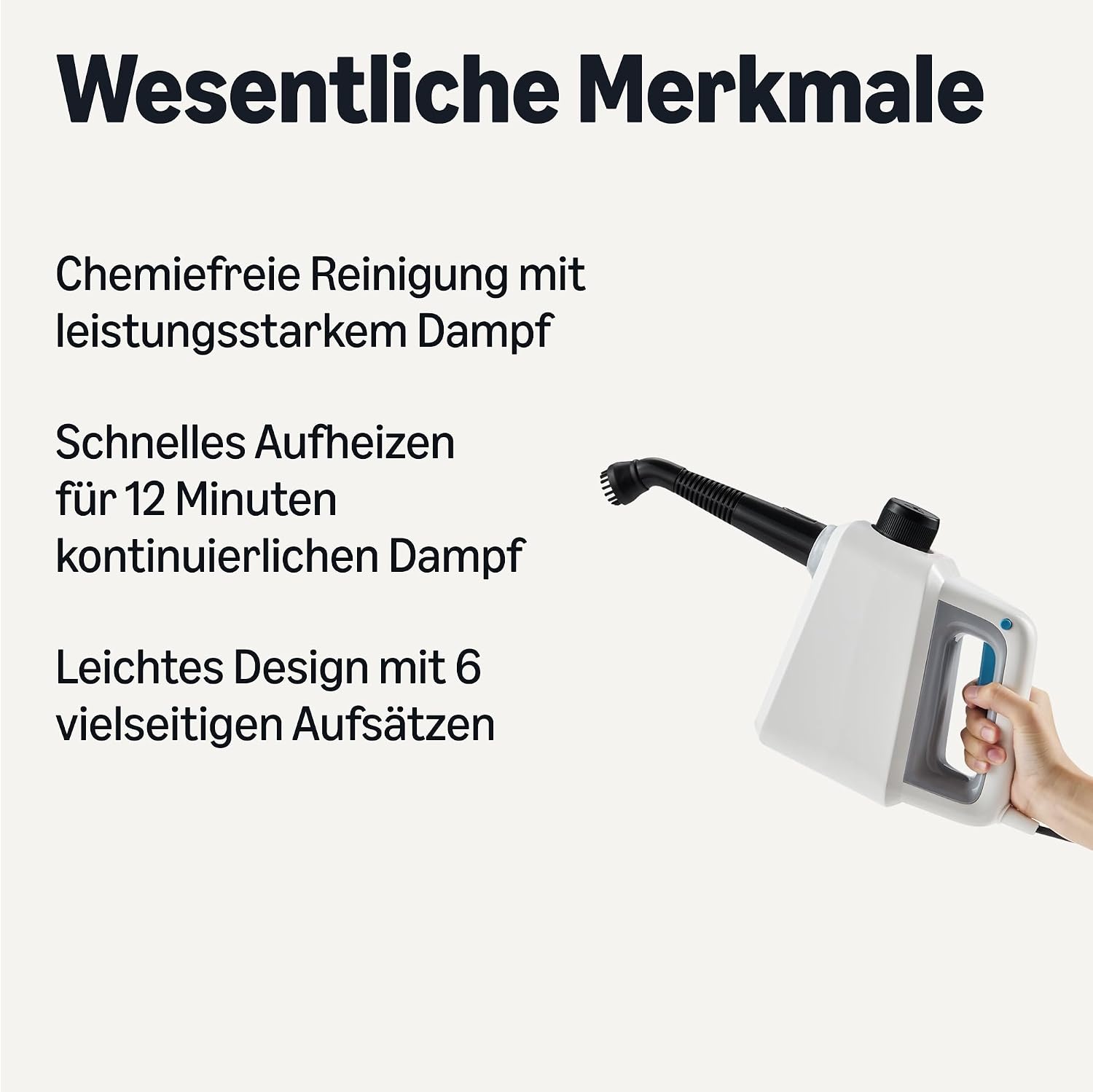 Handdampfreiniger, 1000W, 250-ml-Tank, 9 Zubehörteile, 3,6-m-Kabel, für Bad, Küche, Auto, Weiß