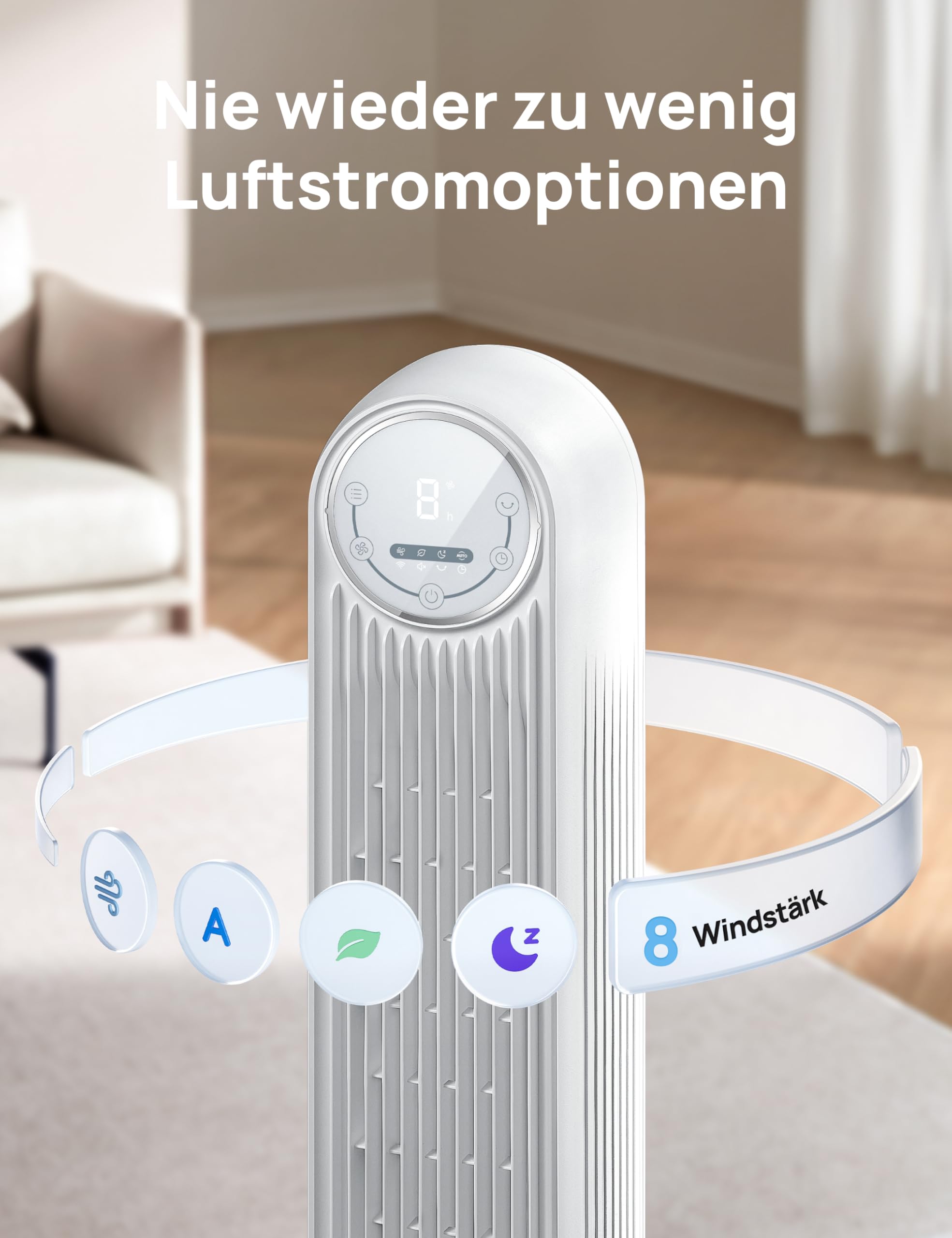 Leiser Turmventilator, 10 m Wurfweite 8 Geschwindigstufen 4 Modi 8 Std. Timer 90° oszillierende Ventilator mit Kühlung Fernbedienung für Schlafzimmer,Turmventilator 307, Schwarz